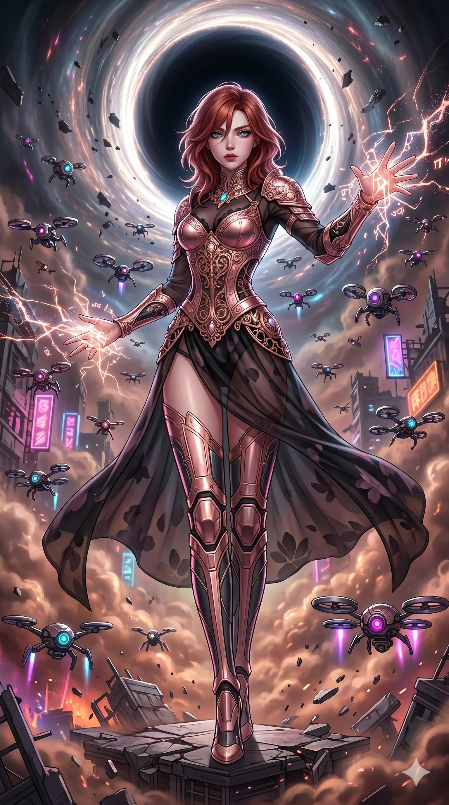 score_9, masterpiece, best quality, ultra-detailed, Set A: High-budget Anime Keyframe, Korean woman. Upper body close-up from the thighs up, character filling the screen for maximum presence. Theme: Urban Decay. shattering the fabric of reality in the edge of a black hole, surrounded by 79 hovering guardian drones. The atmosphere is filled with heavy smog with neon flares. She has an absolutely perfect 8-heads proportion, an exceptionally tall and slender female figure with impossibly long slender legs and an ultra-slim waist. Sharp v-shaped jawline, high-bridge nose, intricate jewel-like eyes with depth, glossy lips. Wearing Rose-gold metallic corset over a sheer petal-patterned silk dress. Cinematic lighting, vivid colors, dramatic shadows, 2k, ultra detail, master piece, 9:16 ratio