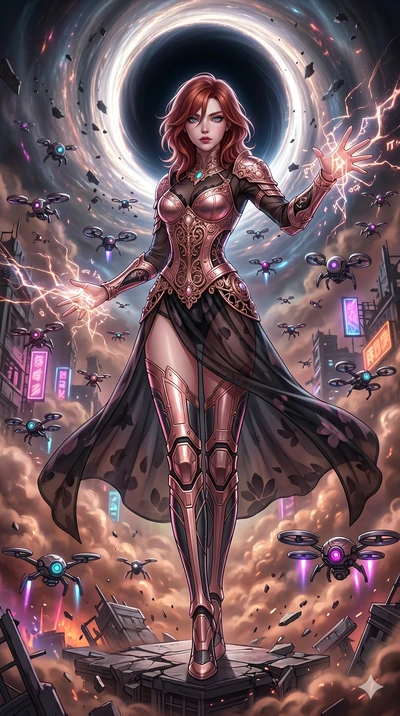 score_9, masterpiece, best quality, ultra-detailed, Set A: High-budget Anime Keyframe, Korean woman. Upper body close-up from the thighs up, character filling the screen for maximum presence. Theme: Urban Decay. shattering the fabric of reality in th