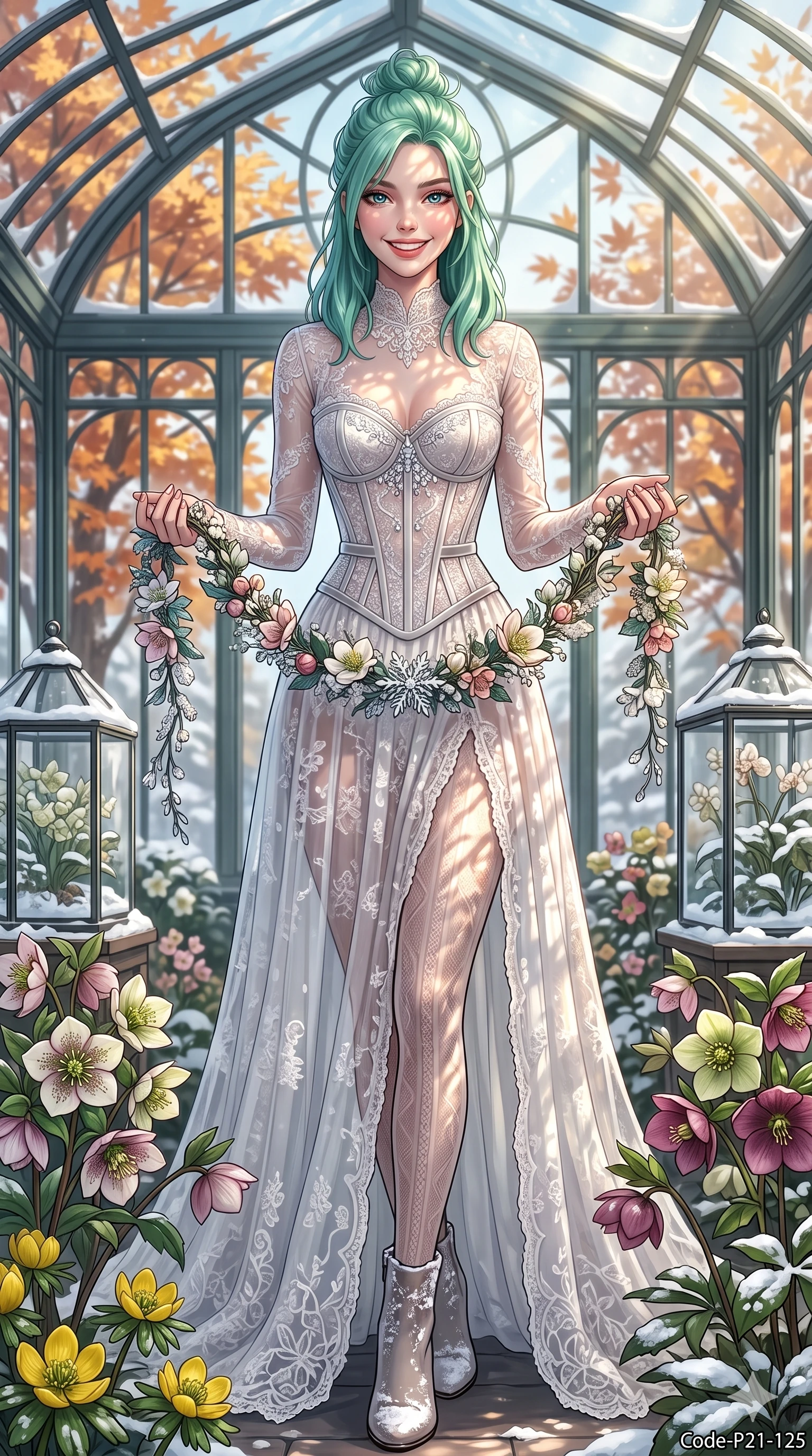 score_9, masterpiece, best quality, ultra-detailed, high-budget anime keyframe, vibrant anime aesthetic, Japanese woman. cowboy shot from the thighs up, character and outfit filling the frame for maximum presence. She is holding a flower garland with a joyful winter smile, looking directly at the lens inside a glass atrium filled with winter blossoms (Code-P21-125). She has an absolutely perfect 8-heads proportion, an exceptionally tall and slender female figure with impossibly long slender legs and an ultra-slim waist. V-shaped jawline, high-bridge nose, intricate jewel-like eyes with depth, thick eyelashes, glossy lips with a natural sheen. wearing a semi-opaque sheer lace winter gown with a structured corset bodice and high slit. She is bathed in dappled sunlight filtering through autumn maples, creating organic shadows. 2k, ultra detail, master piece, 9:16 ratio
