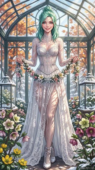 score_9, masterpiece, best quality, ultra-detailed, high-budget anime keyframe, vibrant anime aesthetic, Japanese woman. cowboy shot from the thighs up, character and outfit filling the frame for maximum presence. She is holding a flower garland with