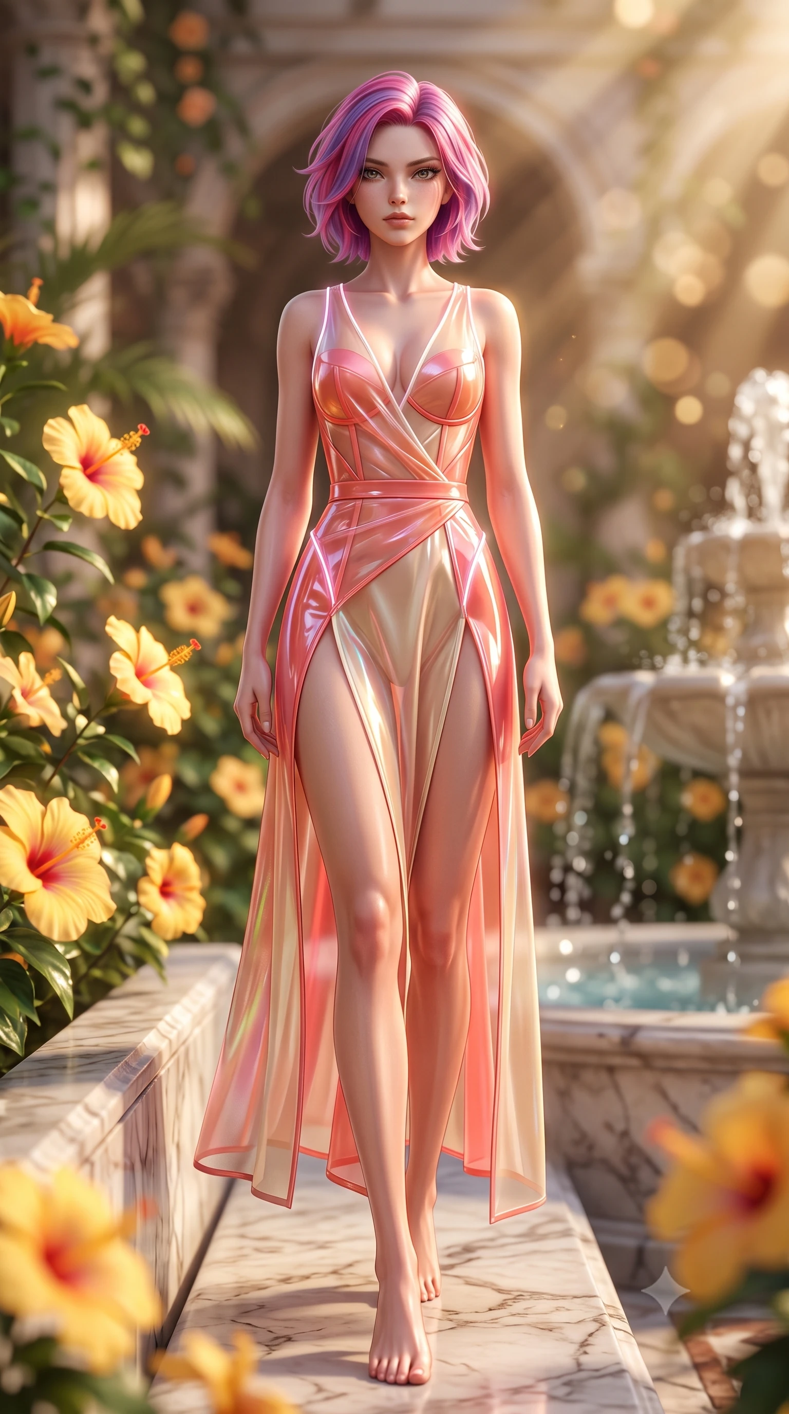 score_9, masterpiece, best quality, ultra-detailed, high-budget anime keyframe, semi-realistic 3D game render, editorial fashion photography, tasteful artistic composition, Caucasian woman. low angle full-body shot from head to toe showing her feet, filling the entire 9:16 vertical frame with her statuesque presence, stretching her vertical silhouette. striding forward in a proud, statuesque motion with a dangerous smolder, her vertical silhouette dominating the frame from head to toe while reclining along a polished marble bench surrounded by blooming yellow hibiscus with an alluring smoldering gaze. The composition keeps background elements in soft focus with creamy bokeh. streaming sunbeams and fountain water droplets softened in a dreamy, warm depth of field. She has an absolutely perfect, statuesque 8.5-heads proportion, an exceptionally tall and slender model-like female figure with impossibly long slender legs, a toned flat midriff, and an ultra-slim waist. sharp v-shaped jawline, high-bridge nose, intricate jewel-like eyes with depth, thick eyelashes, glossy lips with a natural sheen, flawlessly proportioned anatomical accuracy, strict slender model proportions, natural body alignment, perfectly sculpted long slender limbs, ultra-slim waistline, clean dynamic posture without body distortion. wearing a translucent iridescent organza wrap dress with structured bustier boning, plunging neckline, and high-cut dual leg slits in radiant coral pink and champagne ivory, formed from high-gloss patent material with specular light reflections, accented with glowing fiber-optic seams tracing her collarbones and hip curves, the form-contouring material adhering flawlessly to her sculpted flat midriff and slender torso, emphasizing her long leg lines and perfectly proportioned willowy build. surrounded by a bright, pristine, and captivatingly fresh botanical sanctuary atmosphere. highly saturated vibrant anime colors, detailed shading with soft gradients, rich glossy textures, high-contrast stereoscopic depth, volumetric dynamic lighting, master piece, 9:16 ratio