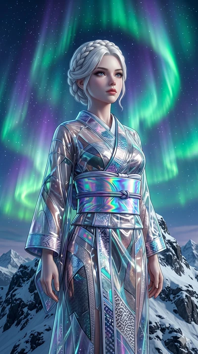 score_9, masterpiece, best quality, ultra-detailed, Set A: Photorealistic 8k CG, Japanese woman. Upper body close-up from the thighs up, character filling the screen for maximum presence. Standing on a mountain top as the aurora borealis dances above