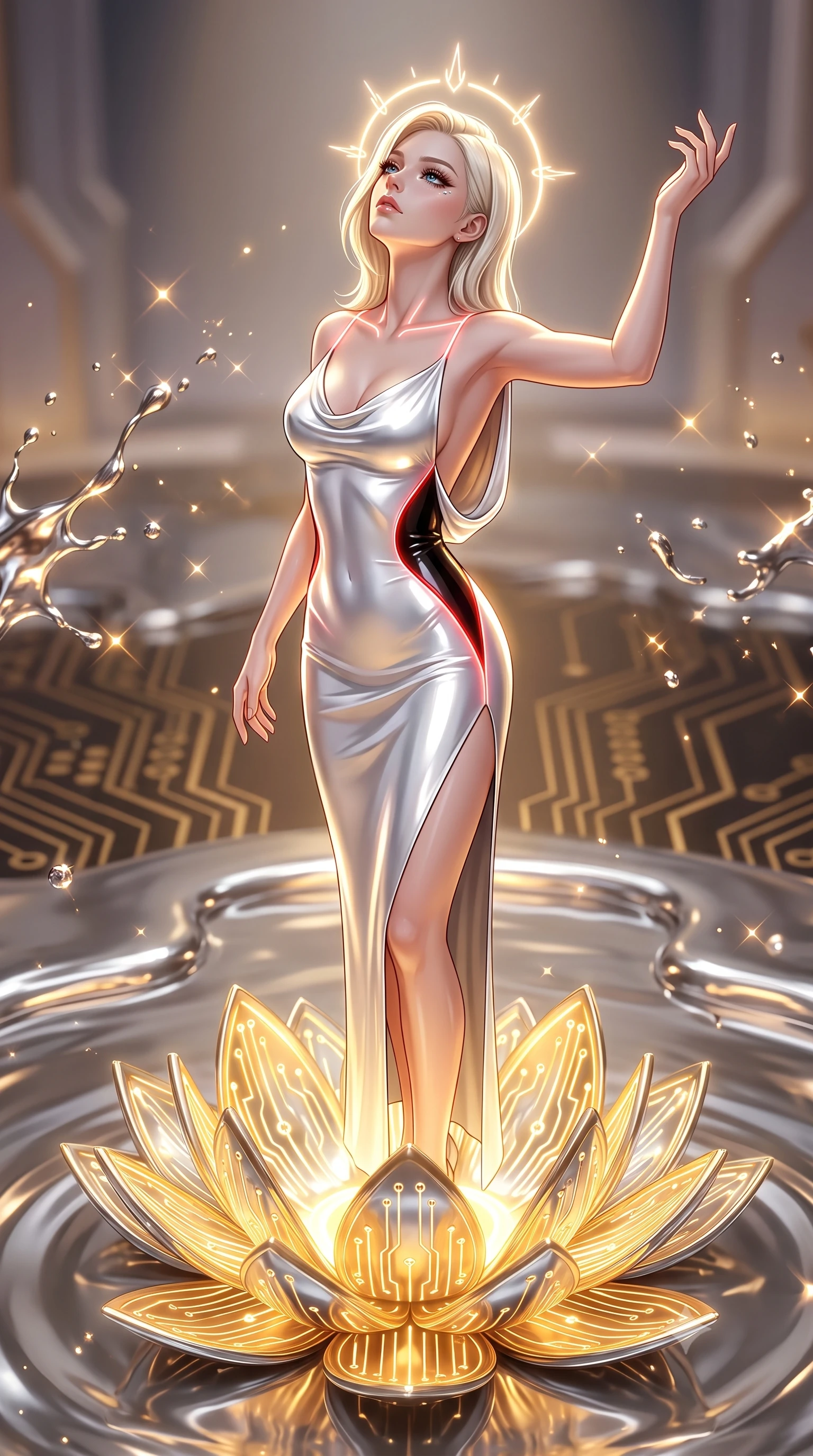 score_9, masterpiece, best quality, ultra-detailed, high-budget anime keyframe, semi-realistic 3D game render, editorial fashion photography, tasteful artistic composition, Caucasian woman. close-up cowboy shot from the waist and thighs up, the character dominates the composition, filling the frame with her large presence. tilting her head back with serene regal elegance, her sharp jawline and sculpted collarbones highlighted by glowing neon halo reflections while standing with sovereign poise atop a gigantic glowing gold and chrome circuit lotus floating in a pool of liquid mercury. The composition keeps background elements in soft focus with creamy bokeh. molten metal splashes and light caustics scattering radiant glints across a soft-focus background. She has an exceptionally elegant, slender, and willowy female figure with an ultra-slim waist, a gracefully sculpted slender torso, toned flat midriff, and a refined slim silhouette. sharp v-shaped jawline, high-bridge nose, intricate jewel-like eyes with depth, thick eyelashes, glossy lips with a natural sheen, flawlessly proportioned anatomical accuracy, strict slender model proportions, natural body alignment, perfectly sculpted long slender limbs, ultra-slim waistline, clean dynamic posture without body distortion. wearing a precision-fitted liquid jersey bodycon gown in radiant chrome and white, featuring an open cowl back and high side slit in high-gloss obsidian black and burning laser crimson accents, made of liquid jersey fabric that clings flawlessly to every contour of her build, accented with glowing fiber-optic seams tracing her collarbones and hip curves, the sleek second-skin cut tightly hugging her graceful clavicle, narrow waist, and feminine curves with athletic precision. bathed in warm golden circuit lotus uplights and glittering liquid mercury caustics. rich saturated anime colors with glowing neon highlights, detailed shading with soft gradients, rich glossy textures, high-contrast stereoscopic depth, volumetric dynamic lighting, master piece, 9:16 ratio