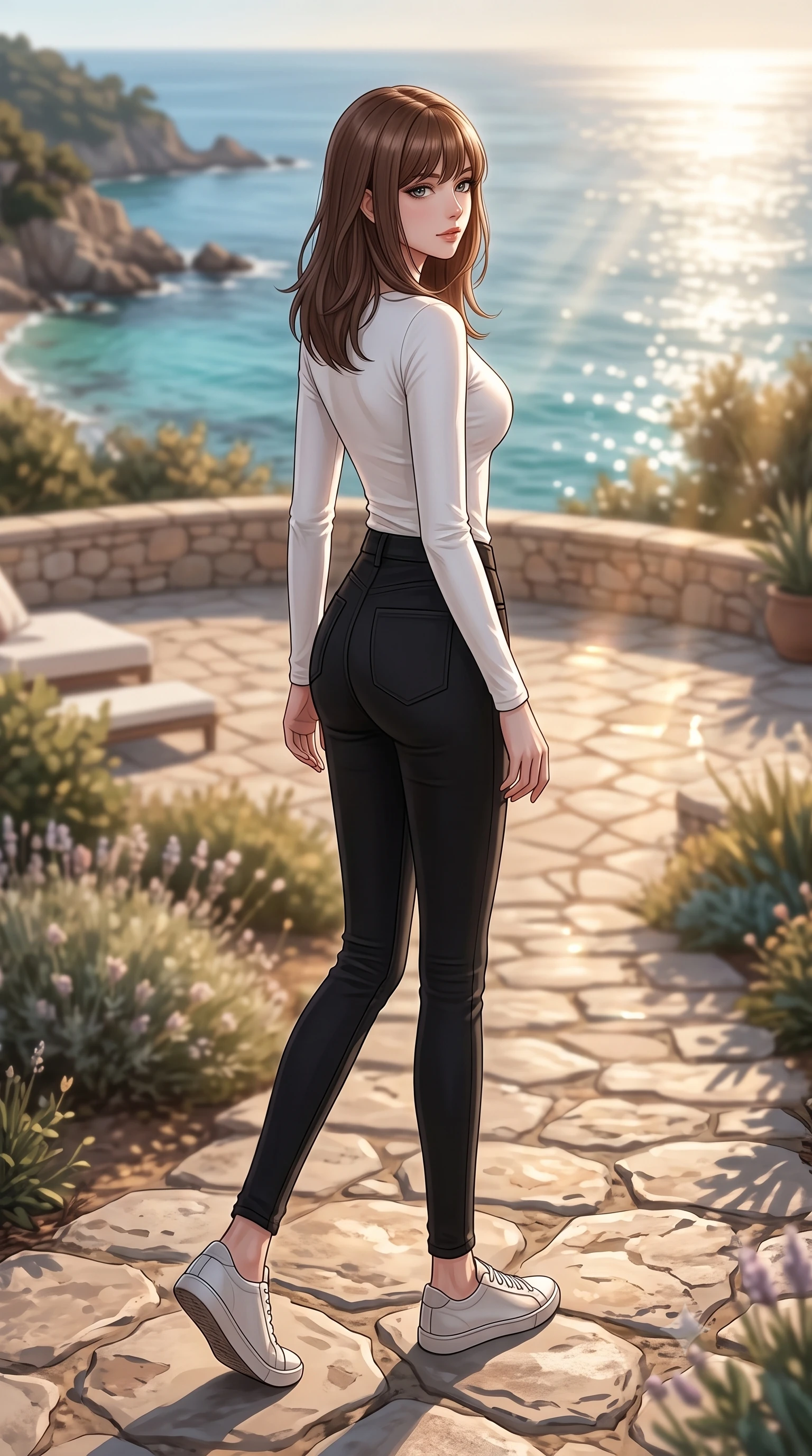 score_9, masterpiece, best quality, ultra-detailed, high-budget anime keyframe, editorial fashion photography, tasteful artistic composition, Korean woman woman. low angle full-body shot from head to toe showing her feet, filling the entire 9:16 vertical frame with her statuesque presence, stretching her vertical silhouette. stepping gracefully across a stone path in the garden the background shows a soft-focus a stone terrace of a coastal villa overlooking a rocky bay with turquoise water. She has an absolutely perfect, statuesque 8.5-heads proportion, an exceptionally tall and slender model-like female figure with impossibly long slender legs and an ultra-slim waist. sharp v-shaped jawline, high-bridge nose, intricate jewel-like eyes with depth, thick eyelashes, glossy lips with a natural sheen. wearing a slim-fit tight-fitting long-sleeve tee in pure white, tucked into high-waisted black skinny pants. warm afternoon sunbeams reflecting off the ocean surface onto the terrace. 2k, ultra detail, master piece, 9:16 ratio