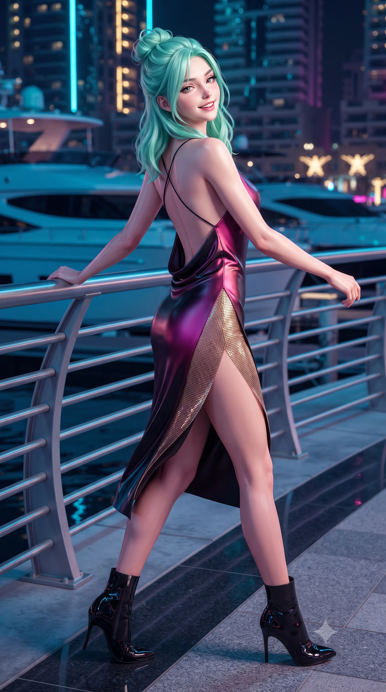 score_9, masterpiece, best quality, ultra-detailed, high-budget anime keyframe, editorial fashion photography, tasteful artistic composition, Japanese woman. close-up cowboy shot from the waist and thighs up, the character dominates the composition, filling the frame with her large presence. leaning back against the balustrade with relaxed seductive grace, head tilted back slightly while casting a hypnotic, heavy-lidded gaze while striding dynamically along the polished granite waterfront boardwalk, hips swaying with supermodel rhythm as her high-slit gown catches the breeze. The surrounding environment is rendered in vivid detail and crisp panoramic clarity: sharp polished black granite pavement joints, stainless steel railing joints, and yacht hull gelcoat reflections in deep focus. She has an exceptionally elegant, slender, and willowy female figure with an ultra-slim waist, flat toned midriff, narrow ribcage, and sculpted feminine hips creating an alluring, slim hourglass silhouette without bulk. sharp v-shaped jawline, high-bridge nose, intricate jewel-like sparkling eyes with depth, thick eyelashes, glossy parted lips with a natural peach sheen, bright cheerful beaming smile with an enchanting and coquettish sensual glint, exuding both youthful cute charm and seductive allure, flawlessly proportioned anatomical accuracy, strict slender model proportions, natural body alignment, perfectly sculpted long slender limbs, ultra-slim waistline, clean dynamic posture without body distortion. wearing a backless silk crepe slip dress with a swooping low cowl back reaching her waistline and delicate criss-cross straps in Tokyo neon cyber magenta and glossy obsidian black, made of shimmering fluid gold chainmail mesh reflecting ambient chandelier light, complemented by sleek patent leather stiletto ankle boots accentuating her long slender calves, the high-slit wrap tailoring accentuating her ultra-slim waistline and the enchanting curve of her feminine hips with alluring seductive charm. bathed in intense saturated cyan, magenta, and gold neon architectural facade lighting reflecting in dark marina water. ultra-reflective glossy finish, specular highlights, rich textural contrasts, high-contrast stereoscopic depth, volumetric dynamic lighting, 2k, ultra detail, master piece, 9:16 ratio