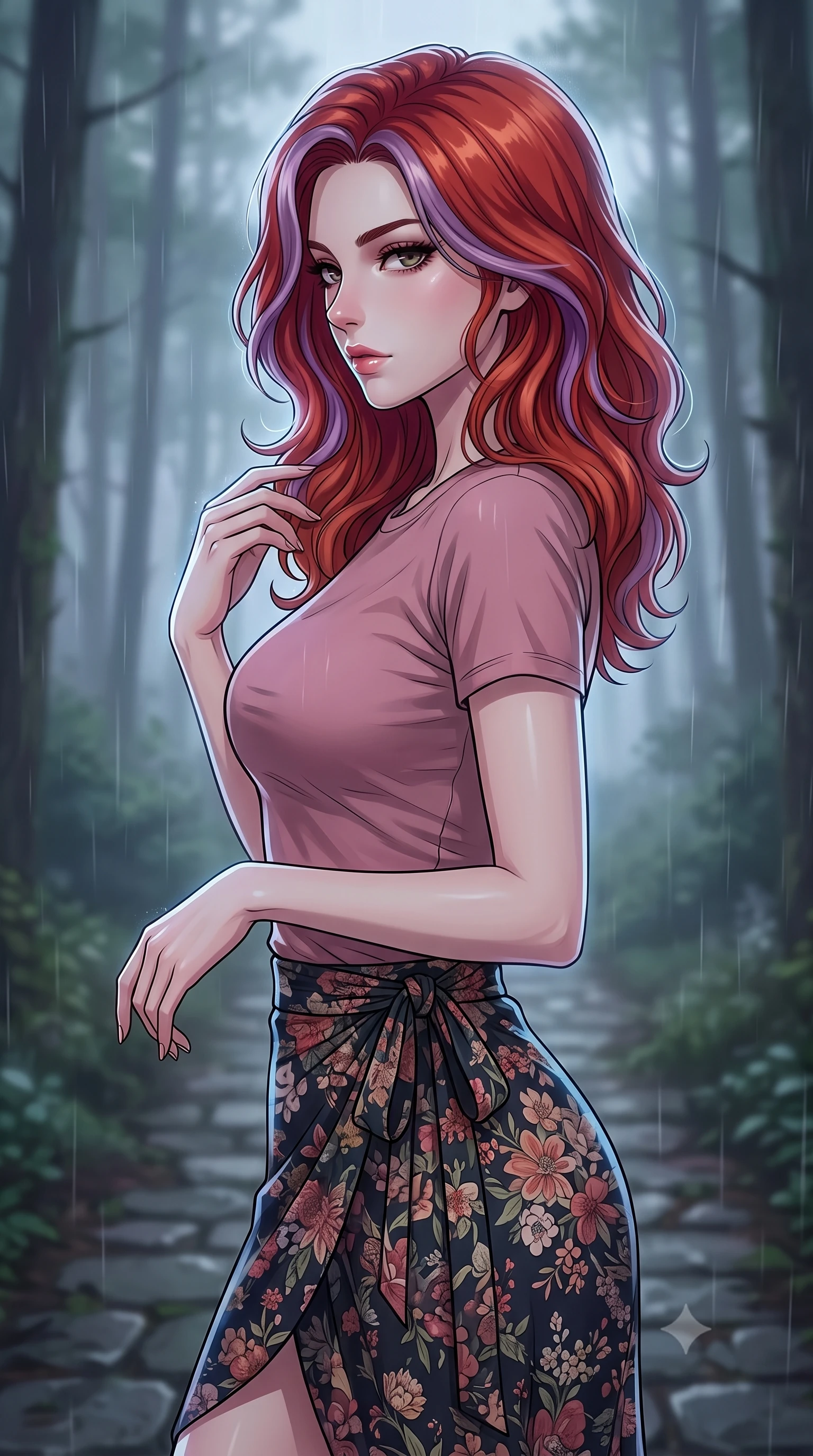 score_9, masterpiece, best quality, ultra-detailed, high-budget anime keyframe, tasteful artistic composition, Caucasian woman. close-up cowboy shot from the waist and thighs up, the character dominates the composition, filling the frame with her large presence, background elements kept in soft focus. turning her face in sharp profile, casting a cold, mysterious, yet intensely alluring side gaze, the background shows a soft-focus a secluded stone path in an old pine forest under a heavy fog and gentle rain. She has an exceptionally elegant, slender, and willowy female figure with an ultra-slim waist, a gracefully sculpted slender torso, and a refined silhouette. sharp v-shaped jawline, high-bridge nose, intricate jewel-like eyes with depth, thick eyelashes, glossy lips with a natural sheen. wearing a form-contouring simple crewneck t-shirt in dusty pink paired with a floral print wrap skirt. soft diffused twilight light tracing her jawline with a cold silver rim light. highly saturated vibrant anime colors, cel-shading, 2d style, master piece, 9:16 ratio