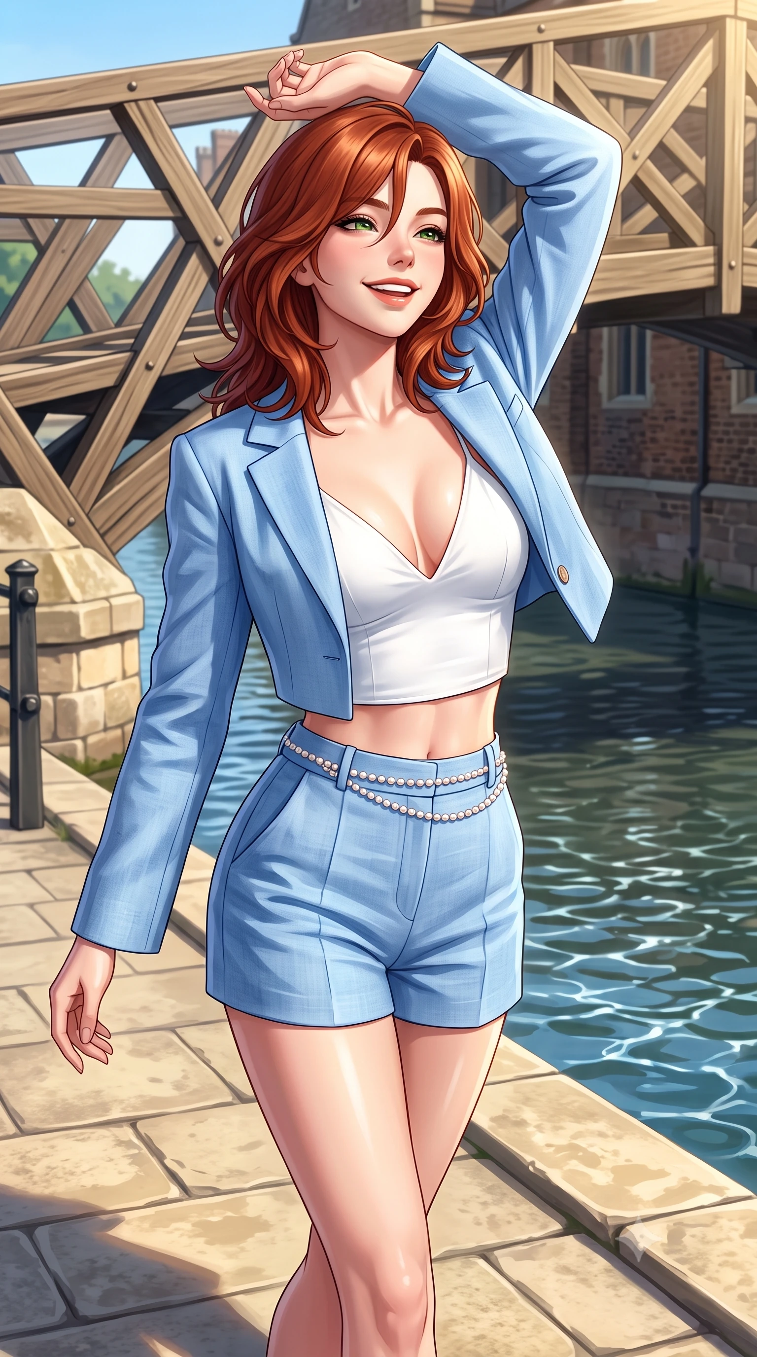 score_9, masterpiece, best quality, ultra-detailed, high-budget anime keyframe, semi-realistic 3D game render, editorial fashion photography, tasteful artistic composition, Korean woman. close-up cowboy shot from the waist and thighs up, the character dominates the composition, filling the frame with her large presence. playfully stretching one arm overhead toward the sun, her radiant smile capturing fresh girlhood charm while her arched torso reveals an intoxicating hip contour while walking gracefully down the stone collegiate path, her tailored chic outfit highlighting her narrow waist and feminine hips in the English sun. The surrounding environment is rendered in vivid detail and crisp panoramic clarity. sharp geometric timber beam joints of the bridge, river water ripple caustics, and stone masonry in deep focus. She has an exceptionally elegant, slender, and willowy female figure with an ultra-slim waist, flat toned midriff, narrow ribcage, and sculpted feminine hips creating an alluring, slim hourglass silhouette without bulk. sharp v-shaped jawline, high-bridge nose, intricate jewel-like sparkling eyes with depth, thick eyelashes, glossy parted lips with a natural peach sheen, bright cheerful beaming smile with an enchanting and coquettish sensual glint, exuding both youthful cute charm and seductive allure, flawlessly proportioned anatomical accuracy, strict slender model proportions, natural body alignment, perfectly sculpted long slender limbs, ultra-slim waistline, clean dynamic posture without body distortion. wearing a chic cropped linen blazer worn with a plunging-V camisole and high-waisted tailored hot-pants showcasing her long slender legs in soft baby blue and crisp cloud white, woven from layered gossamer organza with weightless flutter, accented with a dainty pearl waist chain catching the ambient sunlight, the form-contouring cut accentuating her sculpted flat midriff, narrow delicate ribcage, and gracefully curvy hips with supermodel precision. illuminated by calm river water specular reflections accentuating her sculpted collarbones, ultra-slim waist, and curvy hips. highly saturated vibrant anime colors, detailed shading with soft gradients, rich glossy textures, high-contrast stereoscopic depth, volumetric dynamic lighting, master piece, 9:16 ratio