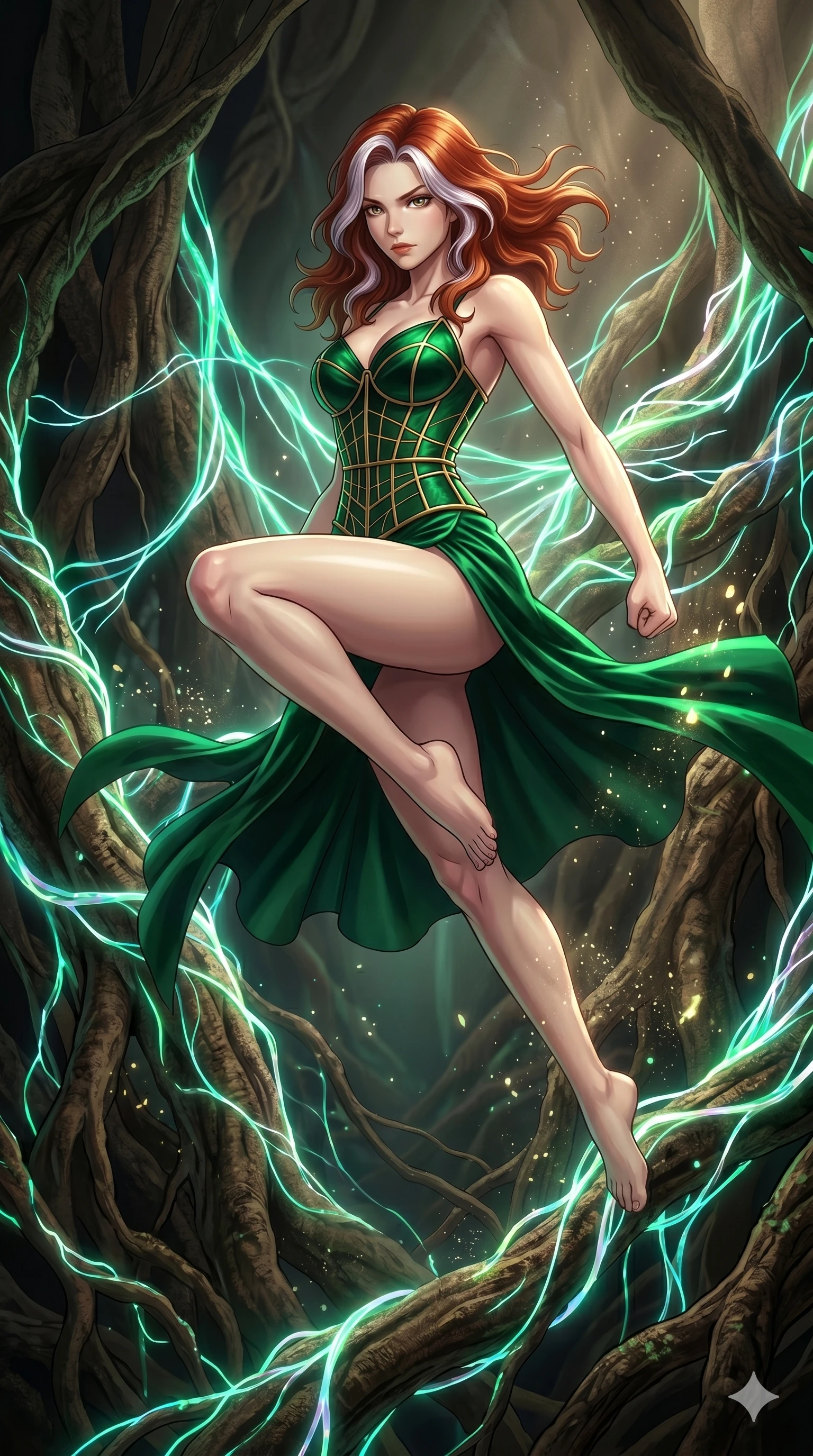 score_9, masterpiece, best quality, ultra-detailed, high-budget anime keyframe, Korean woman. low angle full-body shot filling the entire 9:16 frame with her statuesque presence, stretching the vertical silhouette. jumping amidst giant ancient tree roots wrapped in trillions of glowing mycelium threads pulsing with emerald and opal light. She has an absolutely perfect 8-heads proportion, an exceptionally tall and slender female figure with impossibly long slender legs and an ultra-slim waist. V-shaped jawline, high-bridge nose, intricate jewel-like eyes with depth, thick eyelashes, glossy lips with a natural sheen.. wearing a mathematical gold wire cage corset and an emerald green silk velvet slip dress with a thigh-high side slit. illuminated by dramatic chiaroscuro casting soft shadows along her curves, with vibrant backlighting highlighting the dust particles. 2k, ultra detail, master piece, 9:16 ratio