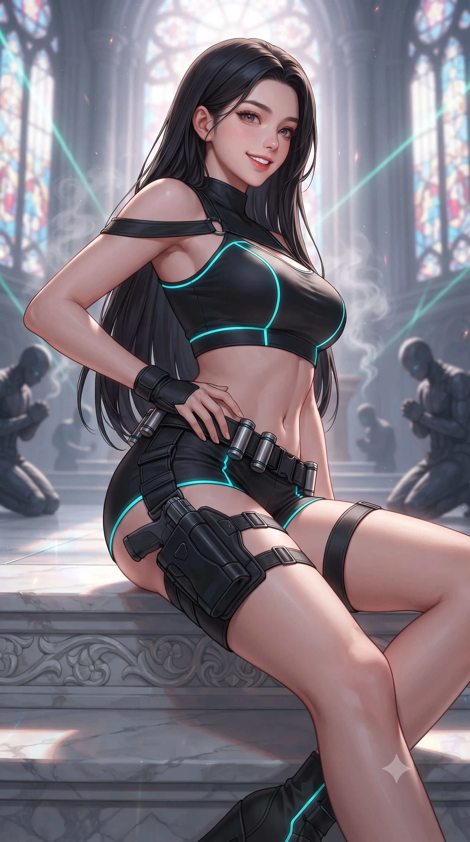 score_9, masterpiece, best quality, ultra-detailed, high-budget anime keyframe, editorial fashion photography, tasteful artistic composition, Korean woman. close-up cowboy shot from the waist and thighs up, the character dominates the composition, filling the frame with her large presence. twisting her slender torso in an alluring contrapposto stance, one hand resting on her sculpted hip armor while glancing back with effortless sovereign poise while lounging gracefully on the carved marble altar steps, her long slender legs and hourglass curves commanding the high-tech sanctuary. The background shows a soft-focus incense smoke curling through laser beams and kneeling drone acolytes softened in transcendent techno-religious shallow focus. She has an exceptionally elegant, slender, and willowy female figure with an ultra-slim waist, flat toned midriff, narrow ribcage, and sculpted feminine hips creating an alluring, slim hourglass silhouette without bulk. sharp v-shaped jawline, high-bridge nose, intricate jewel-like sparkling eyes with depth, thick eyelashes, glossy parted lips with a natural sheen, bright confident smile with an enchanting and coquettish sensual glint, exuding both youthful magnetic charm and sovereign high-tech allure, flawlessly proportioned anatomical accuracy, strict slender model proportions, natural body alignment, perfectly sculpted long slender limbs, ultra-slim waistline, clean dynamic posture without body distortion. wearing a high-tech mechanic crop top with asymmetric shoulder straps paired with ultra-fitted tactical hot-pants and thigh holsters in matte obsidian black and glowing neon cyan trim, woven from layered gossamer holographic organza casting chromatic prism reflections, accented with a sleek utility belt with polished magnetic canisters resting loosely on her curvy hips, the liquid-tight tailored fabric clinging flawlessly to her narrow waist and rounded feminine hips, emphasizing every millimeter of her sculpted slim hourglass curves without any bulky heaviness. bathed in majestic stained-glass laser light cascading through towering digital rose windows. ultra-reflective glossy finish, specular highlights, rich textural contrasts, high-contrast stereoscopic depth, volumetric dynamic lighting, 2k, ultra detail, master piece, 9:16 ratio