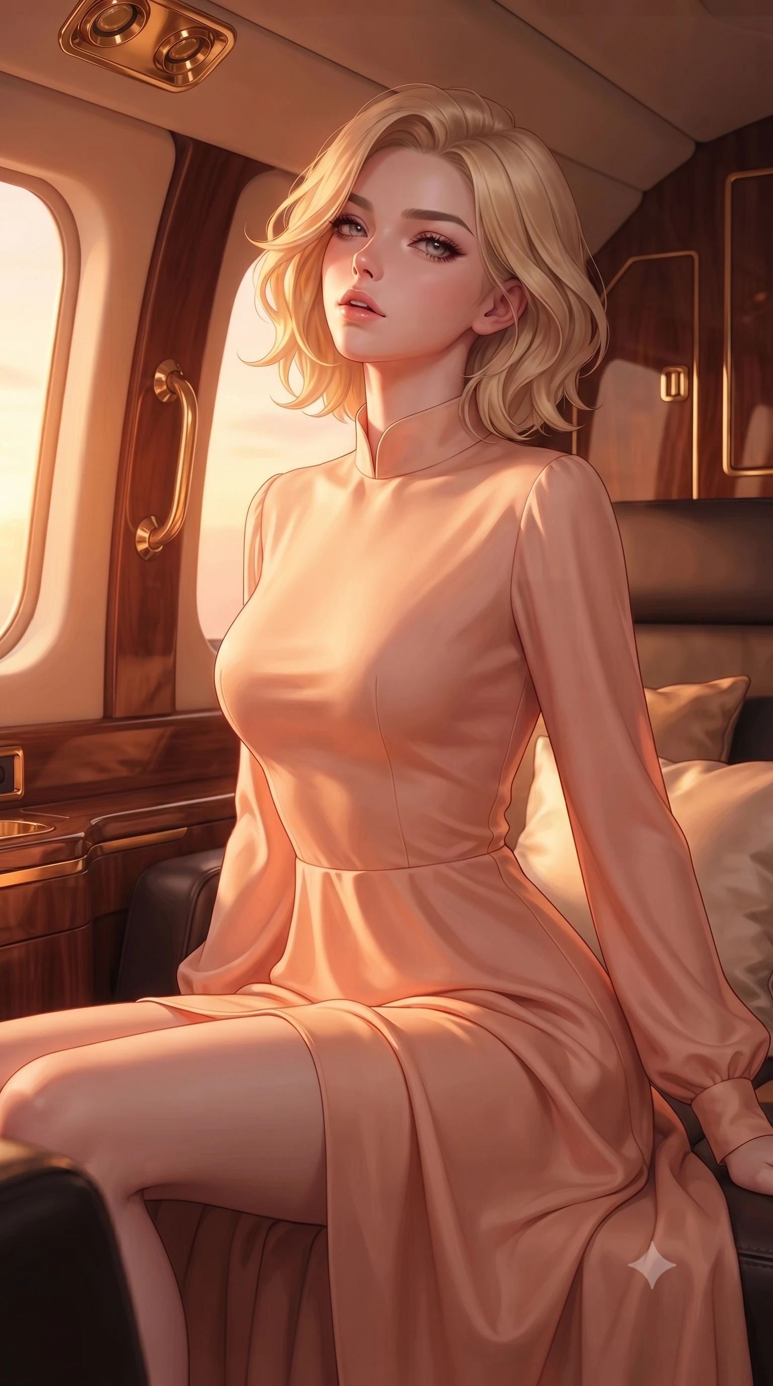score_9, masterpiece, best quality, ultra-detailed, high-budget anime keyframe, editorial fashion photography, tasteful artistic composition, Caucasian woman. close-up cowboy shot from the waist and thighs up, the character dominates the composition, filling the frame with her large presence, background elements kept in soft focus. tilting her chin up slightly with lips parted in a composed, provocative expression the background shows a soft-focus a luxury helicopter cabin with wood panels, gold fixtures, and silk pillows. She has an exceptionally elegant, slender, and willowy female figure with an ultra-slim waist, a gracefully sculpted slender torso, and a refined silhouette. sharp v-shaped jawline, high-bridge nose, intricate jewel-like eyes with depth, thick eyelashes, glossy lips with a natural sheen. wearing a tailored flowy peach-colored chiffon lounge gown with long sleeves and a modest high collar. warm sunset light filtering through the window, painting the cabin in orange. ultra-reflective glossy finish, specular highlights, metallic sheen, high-contrast stereoscopic depth, volumetric dynamic lighting, 2k, ultra detail, master piece, 9:16 ratio