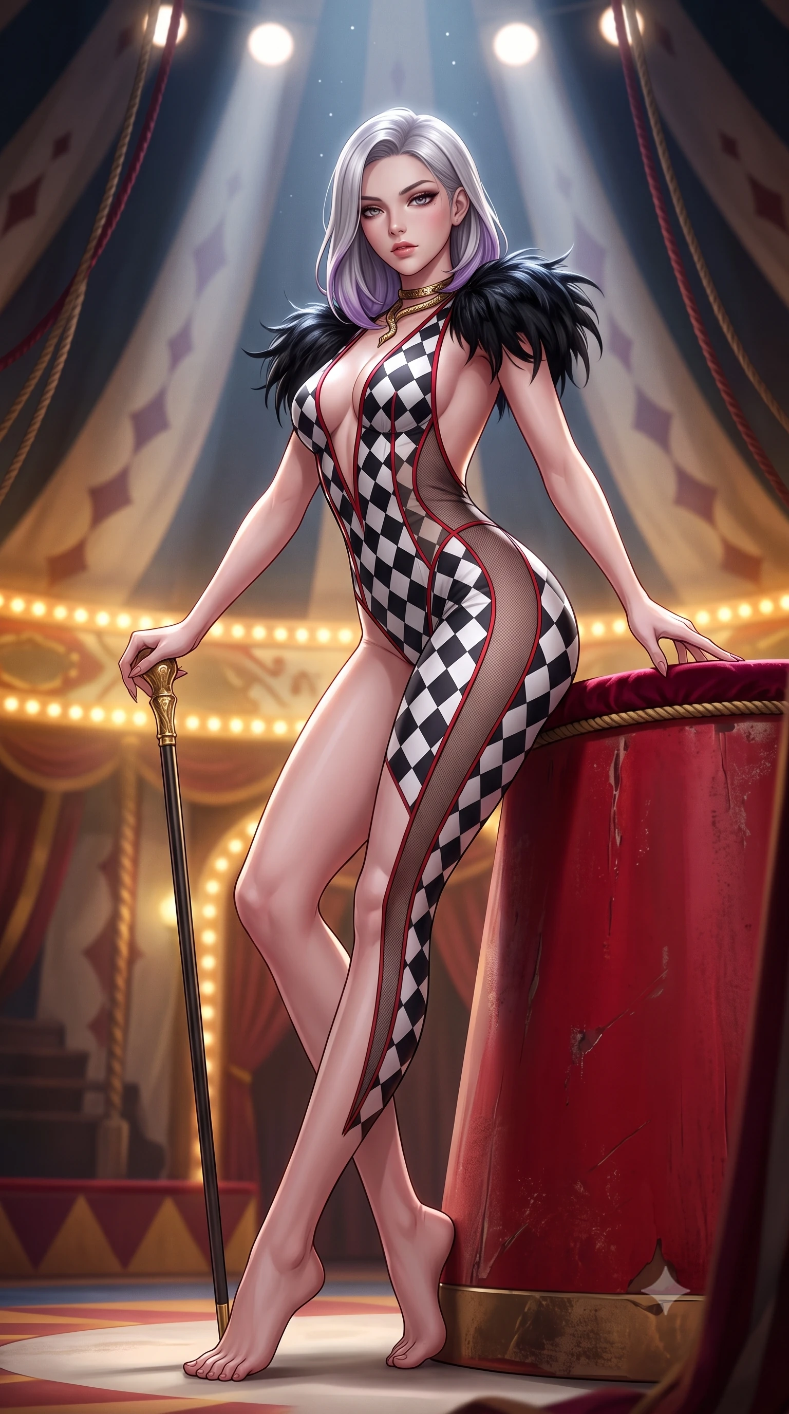 score_9, masterpiece, best quality, ultra-detailed, high-budget anime keyframe, semi-realistic 3D game render, editorial fashion photography, tasteful artistic composition, Caucasian woman. low angle full-body shot from head to toe showing her feet, filling the entire 9:16 vertical frame with her statuesque presence, stretching her vertical silhouette. leaning deep against the structural architecture with hips cocked in an unapologetically bold, seductive high-fashion stance while leaning against a crimson circus ringmaster podium with hips cocked back, holding a gold-tipped cane while locking smoldering eyes with the lens. The composition keeps background elements in soft focus with creamy bokeh. looming circus tent canvas arches and velvet rigging ropes softened in theatrical shallow focus. She has an absolutely perfect, statuesque 8.5-heads proportion, an exceptionally tall and slender model-like female figure with impossibly long slender legs, a toned flat midriff, an ultra-slim waist, and beautifully sculpted feminine hips. sharp v-shaped jawline, high-bridge nose, intricate jewel-like eyes with depth, thick eyelashes, glossy parted lips with a natural sheen, intensely captivating and seductive bedroom-eyes expression, flawlessly proportioned anatomical accuracy, strict slender model proportions, natural body alignment, perfectly sculpted long slender limbs, ultra-slim waistline, clean dynamic posture without body distortion. wearing a plunging-V neckline circus trapeze unitard with sheer mesh side panels tracing the full curve of her hip in high-contrast black and crisp white checkerboard with red accents, tailored from fluid silk crepe with delicate inner corsetry boning, complemented by dramatic black ostrich shoulder epaulets and a gold serpent choker, the dramatically scooped open back descending to the base of her spine, accentuating her razor-sharp statuesque lines and curvy hourglass silhouette. bathed in dramatic overhead circular spotlight beams and warm golden carousel perimeter glow. highly saturated vibrant anime colors, detailed shading with soft gradients, rich glossy textures, high-contrast stereoscopic depth, volumetric dynamic lighting, master piece, 9:16 ratio