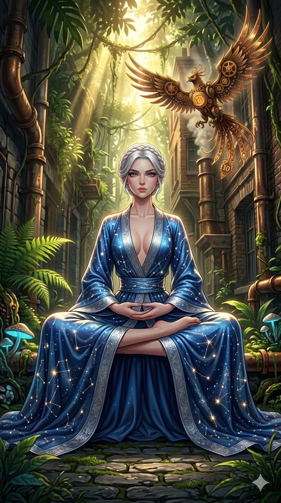 score_9, masterpiece, best quality, ultra-detailed, Set A: High-budget Anime Keyframe, Caucasian (human ears) woman. Low angle cowboy shot filling the entire 9:16 frame with her statuesque presence. Theme: Primal Nature. meditating in a steampunk Lon