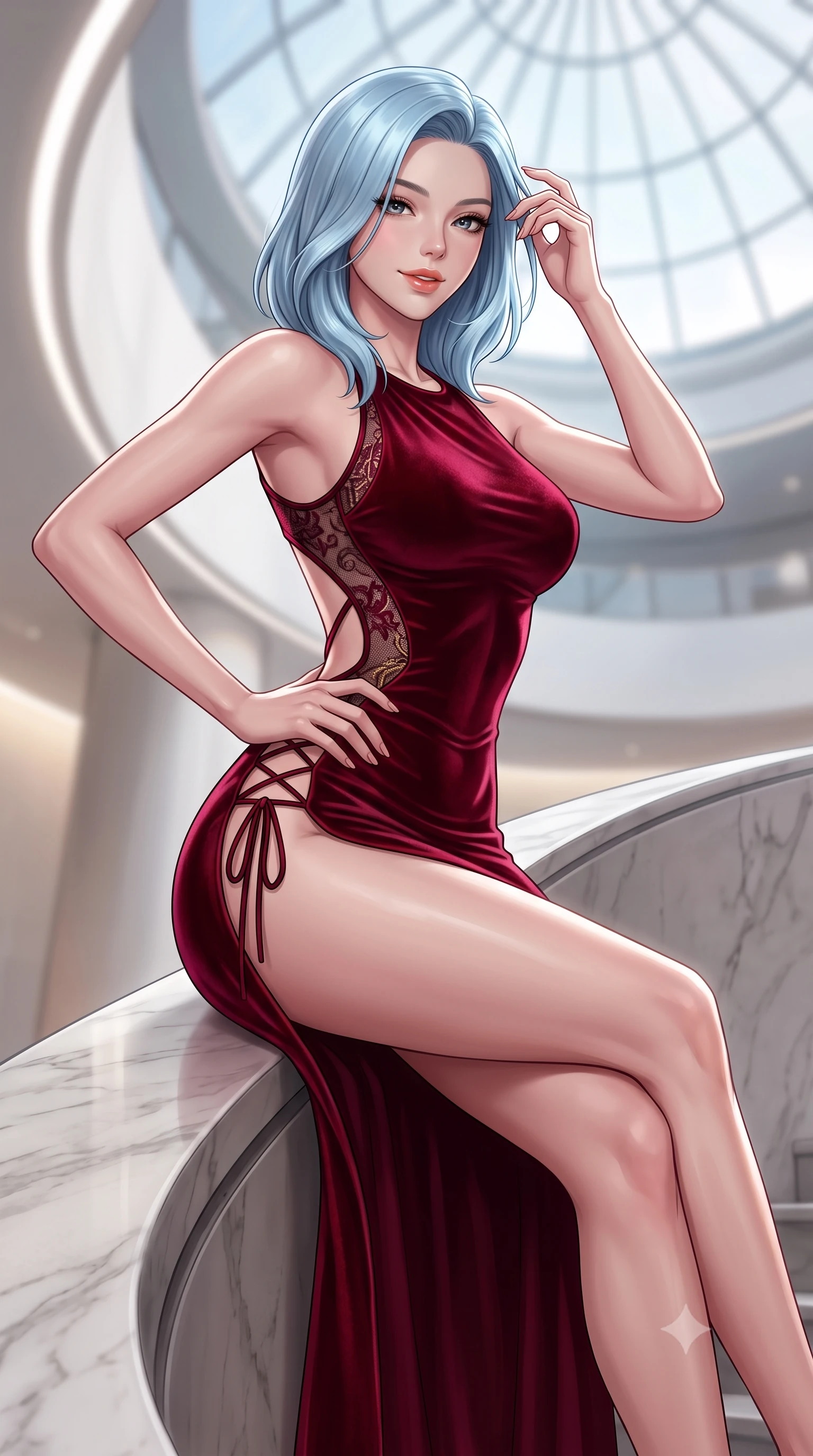 score_9, masterpiece, best quality, ultra-detailed, high-budget anime keyframe, semi-realistic 3D game render, editorial fashion photography, tasteful artistic composition, Korean woman. close-up cowboy shot from the waist and thighs up, the character dominates the composition, filling the frame with her large presence. twisting her slender torso in an alluring contrapposto stance, one hand resting on her sculpted hip while her fingers toy with her hair with effortless poise while sitting perched on the curving ramp ledge with legs extended, displaying her impossibly long slender limbs with supermodel cool. The background shows a soft-focus soaring skylight dome softened in iconic architectural shallow focus. She has an exceptionally elegant, slender, and willowy female figure with an ultra-slim waist, flat toned midriff, narrow ribcage, and sculpted feminine hips creating an alluring, slim hourglass silhouette without bulk. sharp v-shaped jawline, high-bridge nose, sparkling eyes with hypnotic seductive depth, thick curled eyelashes, glossy parted lips with a natural dewy peach sheen, alluring bedroom-eyes with an enchanting coquettish smile, exuding magnetic siren charisma and sophisticated glamour, flawlessly proportioned anatomical accuracy, strict slender model proportions, natural body alignment, perfectly sculpted long slender limbs, ultra-slim waistline, clean dynamic posture without body distortion. wearing a form-contouring deep crimson velvet bodycon gown with a daring hip-high slit and sheer black lace side cutouts in smoldering bordeaux wine and liquid gold with black chantilly lace, tailored from ultra-plush velvet with rich tactile depth and deep shadow gradients, finished with fine criss-cross lace-up side ties revealing tantalizing glimpses of her hip curve, the precision-cut side openings and low-back scoop framing her graceful spine and the sensual sweep of her slim, toned hips. illuminated by curved white wall bounce and sharp platinum-white rim lights defining her delicate clavicles, ultra-slim waist, and curvy hips. highly saturated vibrant anime colors, detailed shading with soft gradients, rich glossy textures, high-contrast stereoscopic depth, volumetric dynamic lighting, master piece, 9:16 ratio