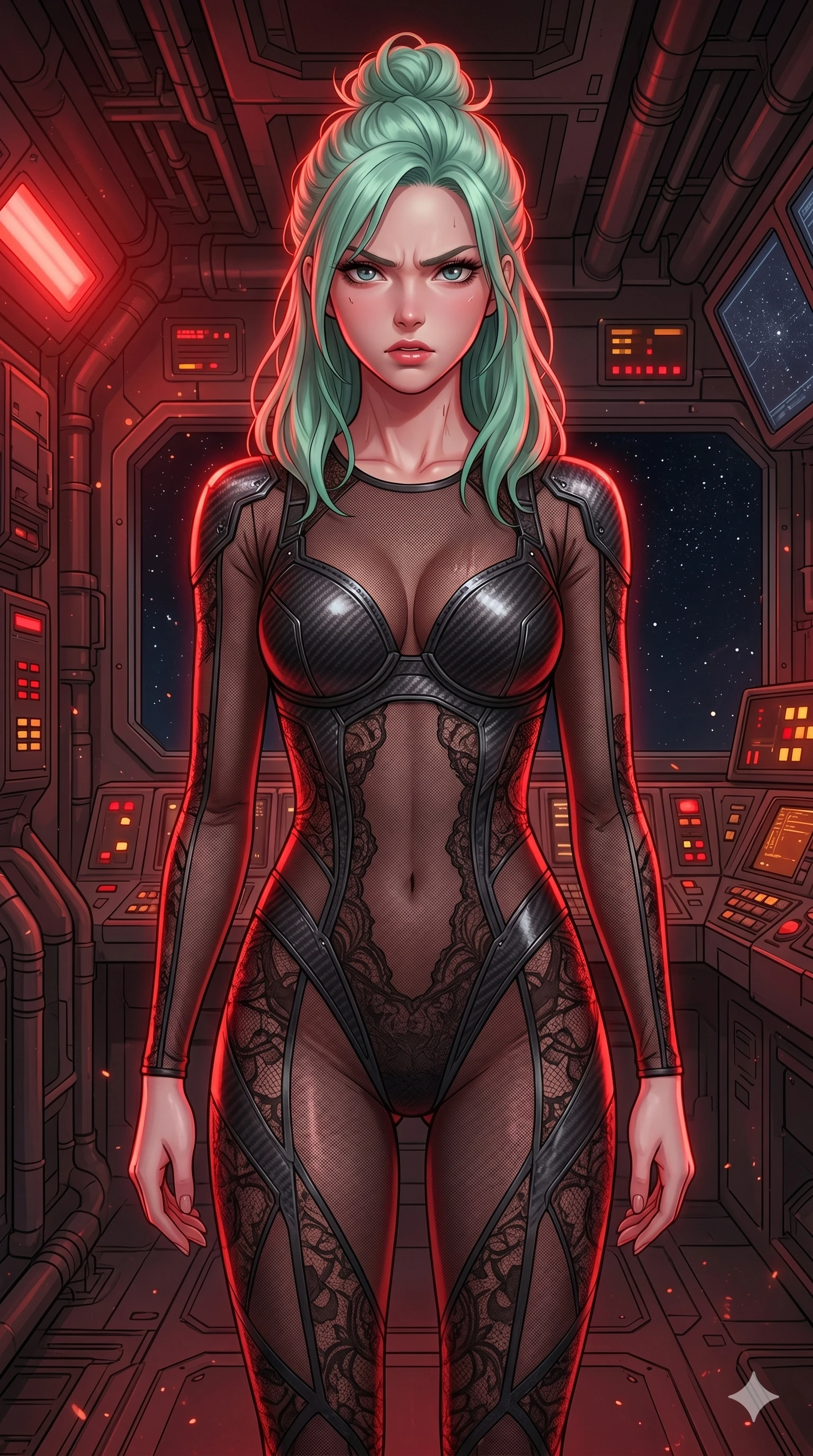 score_9, masterpiece, best quality, ultra-detailed, high-budget anime keyframe, editorial fashion photography, tasteful artistic composition, Japanese woman. cowboy shot from the thighs up, character and outfit filling the frame for maximum editorial presence. breathing heavily with her chest tensed, her eyes locked onto the viewer with pure fury on the deck of a military space vessel as warning lights flash intensely (Scenario Code A-38). She has an absolutely perfect 8-heads proportion, an exceptionally tall and slender female figure with impossibly long slender legs and an ultra-slim waist. V-shaped jawline, high-bridge nose, intricate jewel-like eyes with depth, thick eyelashes, glossy lips with a natural sheen. wearing a sheer mesh and dark lace unitard with structured chest cups and carbon fiber plates. lit by a deep crimson warning light that wraps her silhouette in a red rim light. 2k, ultra detail, master piece, 9:16 ratio