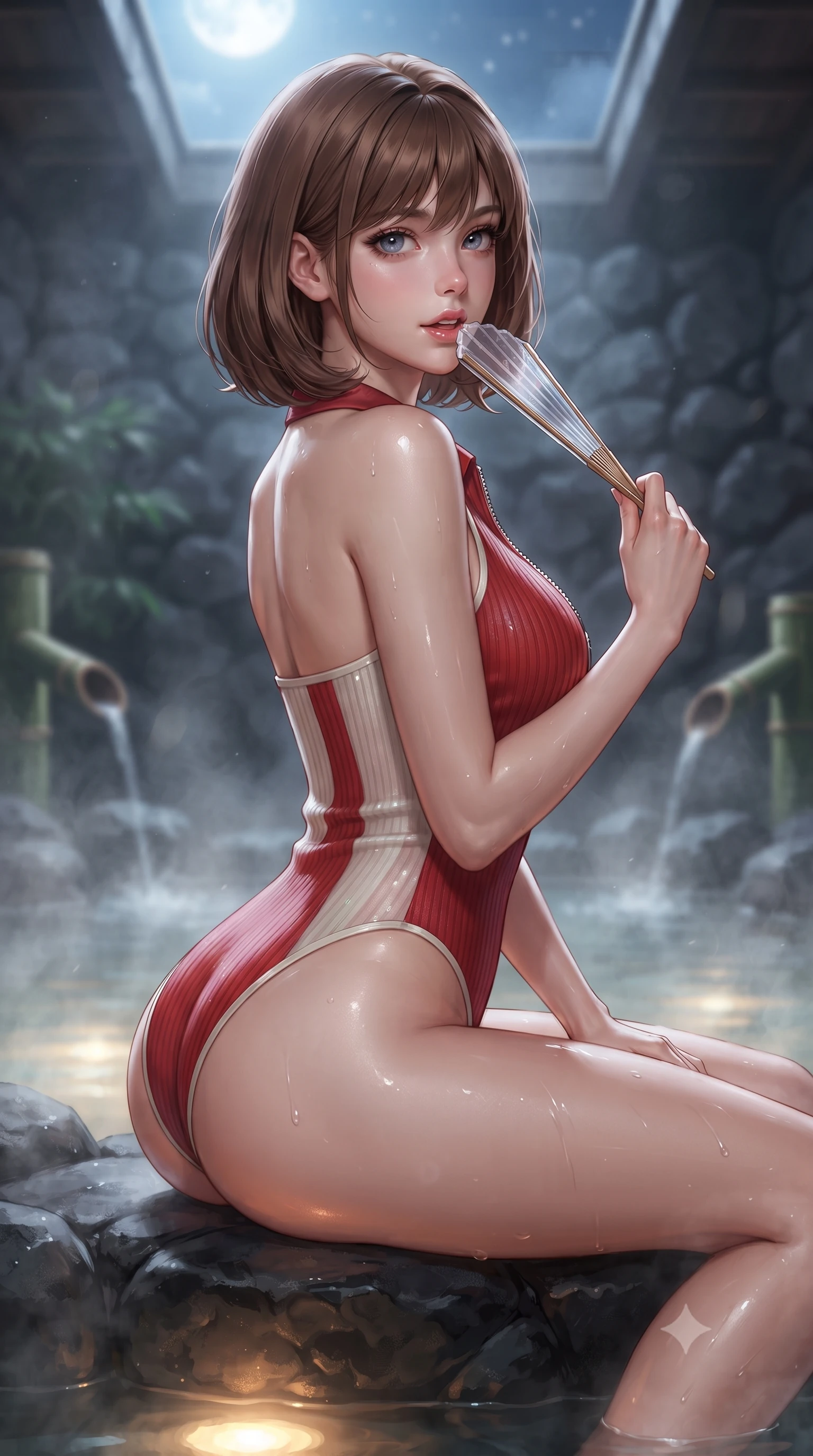 score_9, masterpiece, best quality, ultra-detailed, high-budget anime keyframe, editorial fashion photography, tasteful artistic composition, Caucasian woman. close-up cowboy shot from the waist and thighs up, the character dominates the composition, filling the frame with her large presence. posing in an alluring rear three-quarter angle, looking over a bare shoulder with parted glossy lips, her hips cocked back to highlight her slim hourglass curve while sitting on the smooth volcanic rock rim of the steaming bath, arching her spine with breathtaking wet-look siren grace. The background shows a soft-focus clouds of fragrant steam, dark volcanic stone walls, and bamboo water spouts blurred into misty charcoal, opal, and jade bokeh. She has an exceptionally elegant, slender, and willowy female figure with an ultra-slim waist, flat toned midriff, narrow ribcage, and sculpted feminine hips creating an alluring, slim hourglass silhouette without bulk. sharp v-shaped jawline, high-bridge nose, sparkling eyes with hypnotic seductive depth, thick curled eyelashes, glossy parted lips with a natural dewy peach sheen, alluring bedroom-eyes with an enchanting coquettish smile, exuding magnetic siren charisma and sophisticated glamour, flawlessly proportioned anatomical accuracy, strict slender model proportions, natural body alignment, perfectly sculpted long slender limbs, ultra-slim waistline, clean dynamic posture without body distortion. wearing a retro-chic ribbed knit polo bodysuit with a plunging front zipper and high-cut leg openings in royal vermilion crimson and pale ivory silk, made of delicate semi-sheer Korean gossamer organza with subtle pearlescent glints, finished with a transparent silk folding fan held gracefully near her glossy parted lips, the high-slit wrap tailoring accentuating her ultra-slim waistline and the enchanting curve of her feminine hips with alluring seductive charm. bathed in warm underwater pool illumination combined with celestial harvest moonlight from the open skylight. ultra-reflective glossy finish, specular highlights, rich textural contrasts, high-contrast stereoscopic depth, volumetric dynamic lighting, 2k, ultra detail, master piece, 9:16 ratio