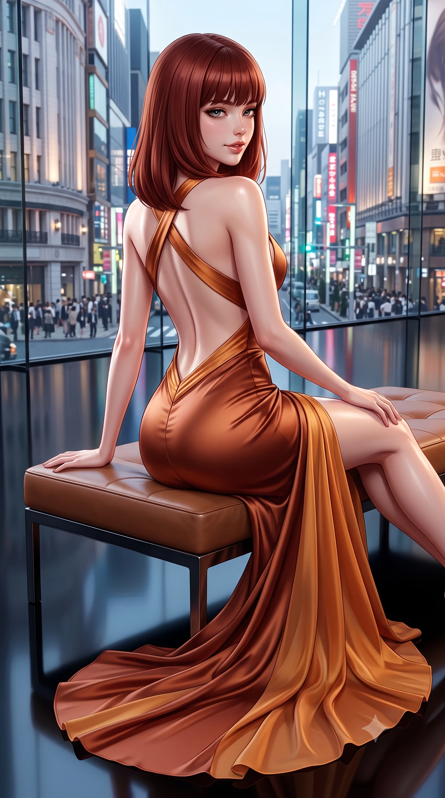 score_9, masterpiece, best quality, ultra-detailed, high-budget anime keyframe, semi-realistic 3D game render, editorial fashion photography, tasteful artistic composition, Caucasian woman. close-up cowboy shot from the waist and thighs up, the character dominates the composition, filling the frame with her large presence. turning over a bare shoulder with an intoxicating, teasing smile, her soft hair framing her sharp jawline as her hips angle gracefully while reclining on a low-slung minimalist leather bench on the polished black resin floor, her curvaceous hips and willowy limbs creating an avant-garde geometric silhouette. The surrounding environment is rendered in vivid detail and crisp panoramic clarity. detailed couture fabric textures, glossy skin highlights, and Tokyo Ginza streetscape clarity in high resolution. She has an exceptionally elegant, slender, and willowy female figure with an ultra-slim waist, flat toned midriff, narrow ribcage, and sculpted feminine hips creating an alluring, slim hourglass silhouette without bulk. sharp v-shaped jawline, high-bridge nose, intricate jewel-like eyes with depth, thick eyelashes, glossy parted lips with a natural sheen, intensely captivating and seductive bedroom-eyes expression, flawlessly proportioned anatomical accuracy, strict slender model proportions, natural body alignment, perfectly sculpted long slender limbs, ultra-slim waistline, clean dynamic posture without body distortion. wearing an open-back duchess satin gala gown with a dramatic hip-hugging drape and cascading trailing hem in rich copper bronze and warm amber, woven from layered gossamer chiffon with a weightless sweeping drape, finished with criss-cross back satin straps highlighting her graceful shoulder blades, the dramatically scooped open back descending to the base of her spine, accentuating her razor-sharp statuesque lines and slim hourglass silhouette. illuminated by crisp crystal facet specular glints sharply defining her sculpted collarbones, ultra-slim waist, and curvy hips. highly saturated vibrant anime colors, detailed shading with soft gradients, rich glossy textures, high-contrast stereoscopic depth, volumetric dynamic lighting, master piece, 9:16 ratio
