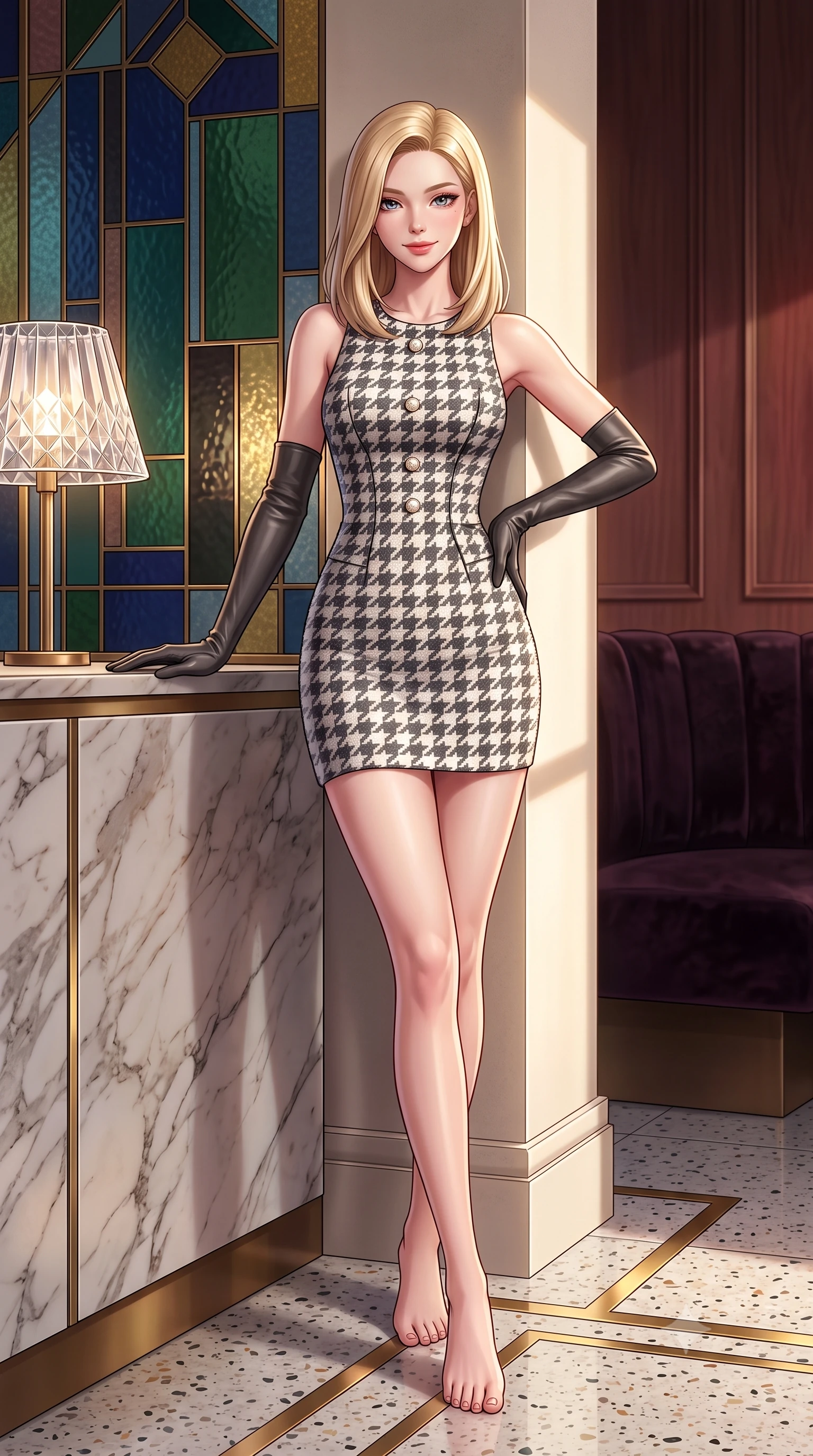 score_9, masterpiece, best quality, ultra-detailed, high-budget anime keyframe, semi-realistic 3D game render, editorial fashion photography, tasteful artistic composition, Korean woman. low angle full-body shot from head to toe showing her feet, filling the entire 9:16 vertical frame with her statuesque presence, stretching her vertical silhouette. leaning lightly against the sunlit architectural column with hips cocked back, flashing a warm, alluring, confident smile while standing beside the geometric stained-glass partition, one hand resting on the marble counter with chic modern-retro poise. The surrounding environment is rendered in vivid detail and crisp panoramic clarity: sharp brass geometric inlay strips in terrazzo flooring, cut-crystal lamp shade facets, and velvet upholstery pile in deep focus. She has an exceptionally tall and slender model-like 8.5-heads proportion, an ultra-slim waist, a flat toned midriff, narrow delicate ribcage, and beautifully sculpted feminine hips creating a graceful, slim hourglass silhouette without any bulky heaviness, with impossibly long slender legs. sharp v-shaped jawline, high-bridge nose, intricate jewel-like sparkling eyes with depth, thick eyelashes, glossy parted lips with a natural peach sheen, bright cheerful beaming smile with an enchanting and coquettish sensual glint, exuding both youthful cute charm and seductive allure, flawlessly proportioned anatomical accuracy, strict slender model proportions, natural body alignment, perfectly sculpted long slender limbs, ultra-slim waistline, clean dynamic posture without body distortion. wearing a form-contouring pastel bouclé tweed bodycon mini dress with structured waist darts and decorative pearl buttons in classic Savile Row charcoal houndstooth and crisp ivory, tailored from form-contouring ribbed merino wool hugging her torso like a second skin, complemented by buttery leather opera gloves tracing her slender arms with sleek polish, the second-skin tailored fabric adhering flawlessly to her sculpted flat midriff and slender torso, emphasizing her long leg lines and perfectly proportioned willowy build. illuminated by rosewood wall and brass reflection bounce with crisp champagne rim lights defining her cheekbones and slender waist. highly saturated vibrant anime colors, detailed shading with soft gradients, rich glossy textures, high-contrast stereoscopic depth, volumetric dynamic lighting, master piece, 9:16 ratio