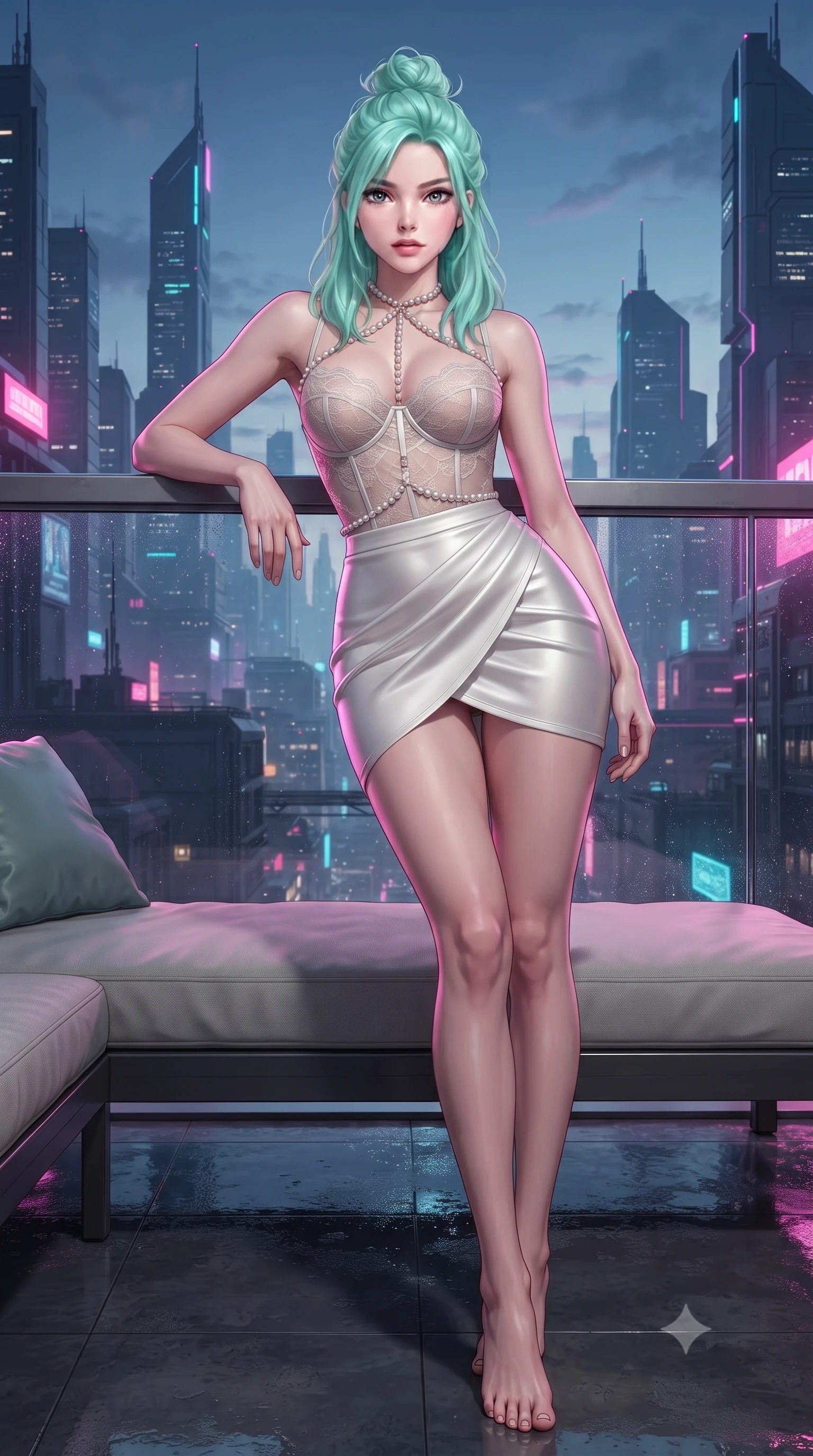 score_9, masterpiece, best quality, ultra-detailed, high-budget anime keyframe, editorial fashion photography, tasteful artistic composition, Japanese woman. low angle full-body shot from head to toe showing her feet, filling the entire 9:16 vertical frame with her statuesque presence, stretching her vertical silhouette. leaning deep against the balcony balustrade with hips cocked back in an unapologetically alluring high-fashion stance, casting an intoxicating glance while lounging across an outdoor weather-resistant daybed propped on one elbow, her flat midriff and long slender legs commanding the futuristic vista. The surrounding environment is rendered in vivid detail and crisp panoramic clarity: detailed wet-look high-gloss vinyl bodysuit cling, chrome buckle shine, and futuristic architectural lines in razor-sharp precision. She has an absolutely perfect, statuesque 8.5-heads proportion, an exceptionally tall and slender model-like female figure with impossibly long slender legs, an ultra-slim waist, a flat toned midriff, narrow delicate ribcage, and beautifully sculpted feminine hips creating a graceful, slim hourglass silhouette without any bulky heaviness. sharp v-shaped jawline, high-bridge nose, sparkling eyes with hypnotic seductive depth, thick curled eyelashes, glossy parted lips with a natural dewy peach sheen, alluring bedroom-eyes with an enchanting coquettish smile, exuding magnetic siren charisma and sophisticated glamour, flawlessly proportioned anatomical accuracy, strict slender model proportions, natural body alignment, perfectly sculpted long slender limbs, ultra-slim waistline, clean dynamic posture without body distortion. wearing a sculpted underwire demi-bustier in semi-sheer lace paired with an ultra-short draped tulip skirt in pure pearl alabaster with platinum sheen, tailored from fine structural neoprene with crisp architectural edges and smooth contouring, accented with a pearl-drop body harness subtly framing her dewy collarbones and spine, the high-slit wrap tailoring accentuating her ultra-slim waistline and the enchanting curve of her feminine hips with alluring seductive charm. illuminated by wet floor specular reflections and sharp magenta-cyan rim lights sculpting her razor-sharp jawline, narrow waist, and curvy hips. ultra-reflective glossy finish, specular highlights, rich textural contrasts, high-contrast stereoscopic depth, volumetric dynamic lighting, 2k, ultra detail, master piece, 9:16 ratio