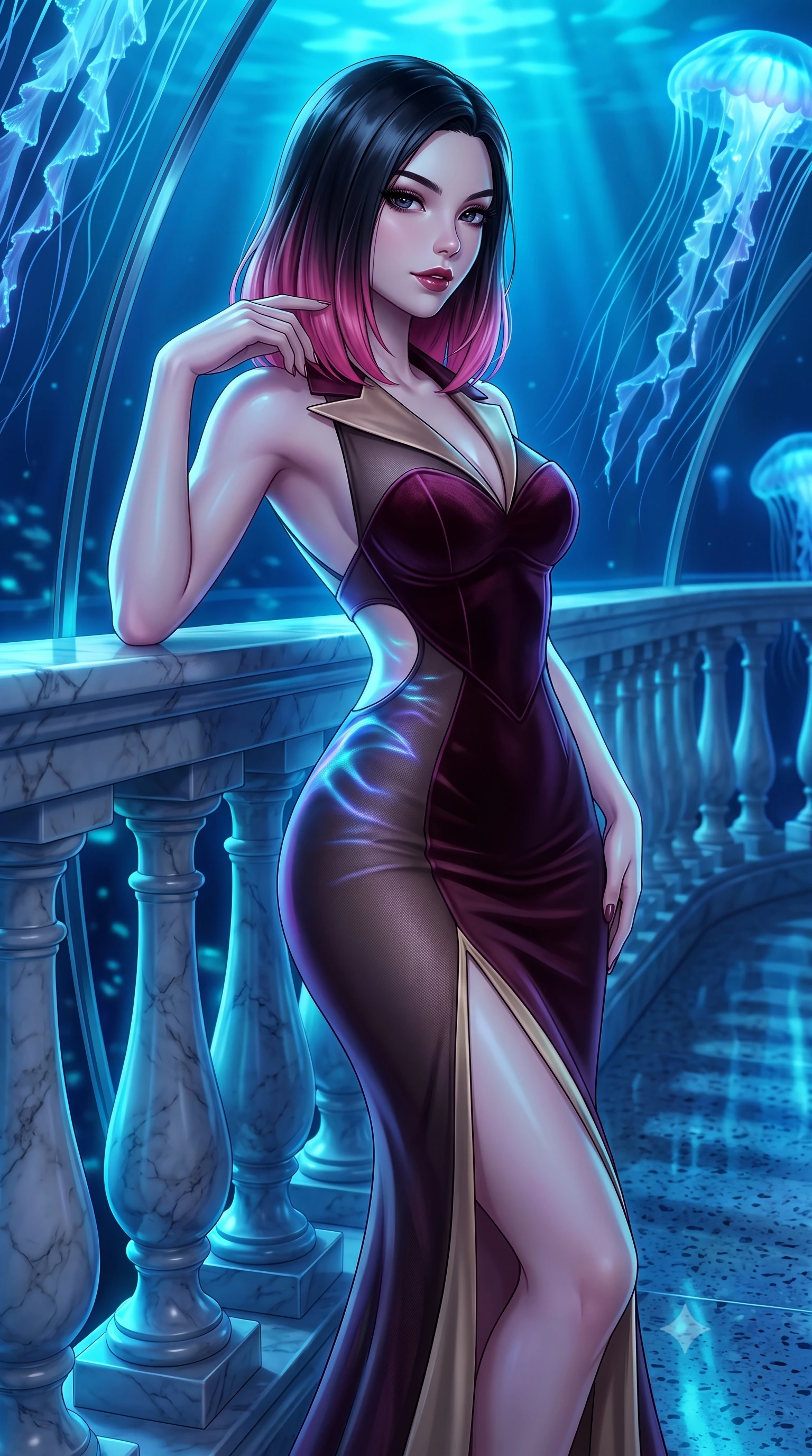 score_9, masterpiece, best quality, ultra-detailed, high-budget anime keyframe, semi-realistic 3D game render, editorial fashion photography, tasteful artistic composition, Korean woman. close-up cowboy shot from the waist and thighs up, the character dominates the composition, filling the frame with her large presence. resting one elbow on the marble balustrade while arching her spine with dancer poise, her dark bedroom-eyes casting a magnetic sidelong glance while twisting her slender torso in an alluring S-curve, bioluminescent cyan and violet ripples playing across her narrow waist and rounded hips. The surrounding environment is rendered in vivid detail and crisp panoramic clarity. sharp jellyfish translucent tendril filaments, curved acrylic seam bevels, and polished terrazzo floor reflections in deep focus. She has an exceptionally elegant, slender, and willowy female figure with an ultra-slim waist, flat toned midriff, narrow ribcage, and sculpted feminine hips creating an alluring, slim hourglass silhouette without bulk. sharp v-shaped jawline, high-bridge nose, intricate jewel-like dark sparkling eyes with dangerous depth, thick curled eyelashes, glossy parted lips with a rich wine sheen, smoldering seductive half-smile with bedroom-eyes, exuding effortless superiority and intoxicating dark allure, flawlessly proportioned anatomical accuracy, strict slender model proportions, natural body alignment, perfectly sculpted long slender limbs, ultra-slim waistline, clean dynamic posture without body distortion. wearing a sweetheart-neckline velvet bustier paired with a curve-hugging high-slit mermaid maxi skirt in dark mulberry wine and antique champagne, made of semi-opaque dark contouring mesh clinging like a second skin, finished with sharp tailored peak lapels and subtle horn button accents, the precision-cut side openings and low-back scoop framing her graceful spine and the sensual sweep of her slim, toned hips. bathed in deep ethereal sapphire and cyan bioluminescent ambient glow radiating from all sides. highly saturated vibrant anime colors, detailed shading with soft gradients, rich glossy textures, high-contrast stereoscopic depth, volumetric dynamic lighting, master piece, 9:16 ratio
