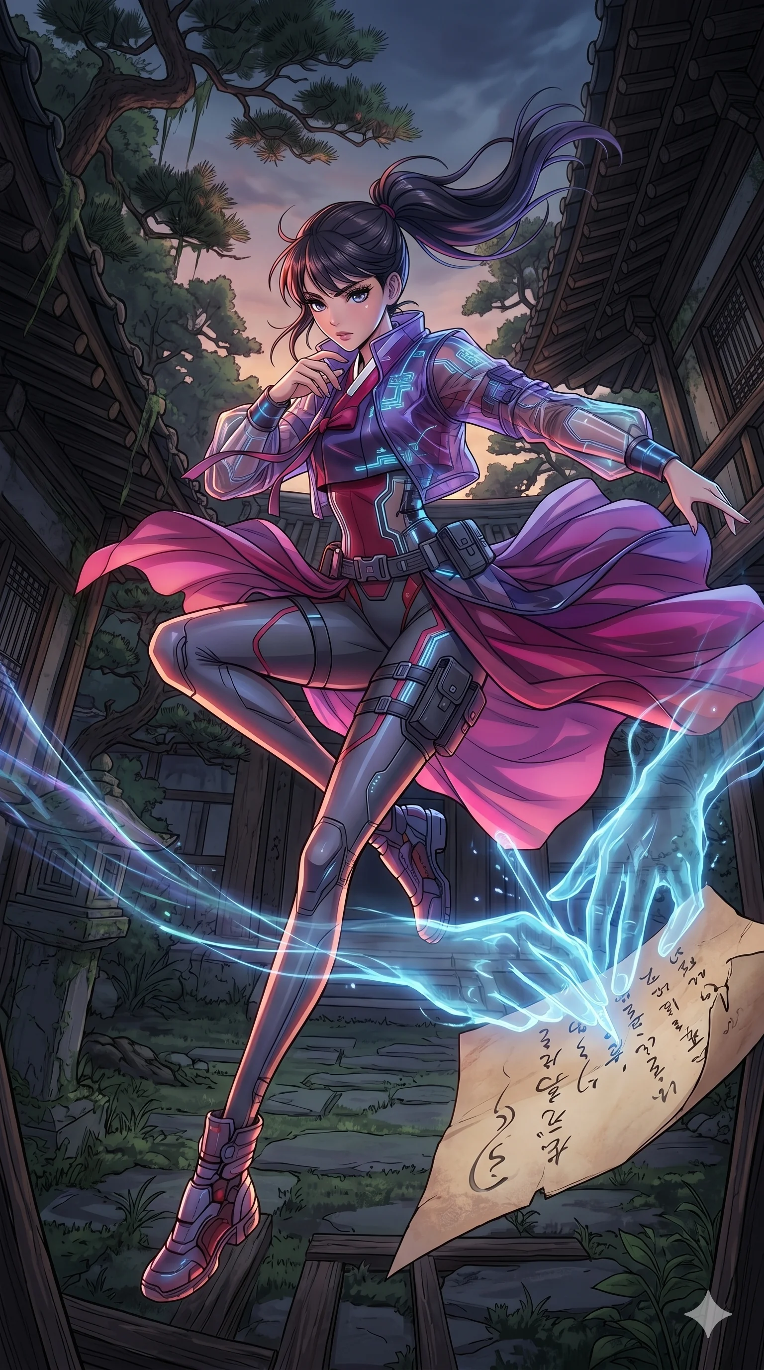 score_9, masterpiece, best quality, ultra-detailed, high-budget anime movie keyframe, cinematic anime lighting, intricate line art, Japanese woman. Dynamic full-body shot stretching the vertical silhouette with extreme perspective. staring at a letter that is being written by a ghostly hand. She has an absolutely perfect 8-heads proportion, an exceptionally tall and slender female figure with graceful and slender proportions. strictly human anatomy, two legs only, no extra limbs, clearly defined legs and arms, perfect anatomy, perfect hands and fingers. sharp v-shaped jawline, high-bridge nose, intricate jewel-like eyes, thick eyelashes, glossy lips. Wearing Tech-Fantasy: Cybernetic tech-suit with glowing seams, translucent jacket over a bodysuit, and modular tactical gear. The scene is illuminated by dramatic atmospheric lighting and vibrant color palettes. , 2k, ultra detail, master piece, 9:16 ratio