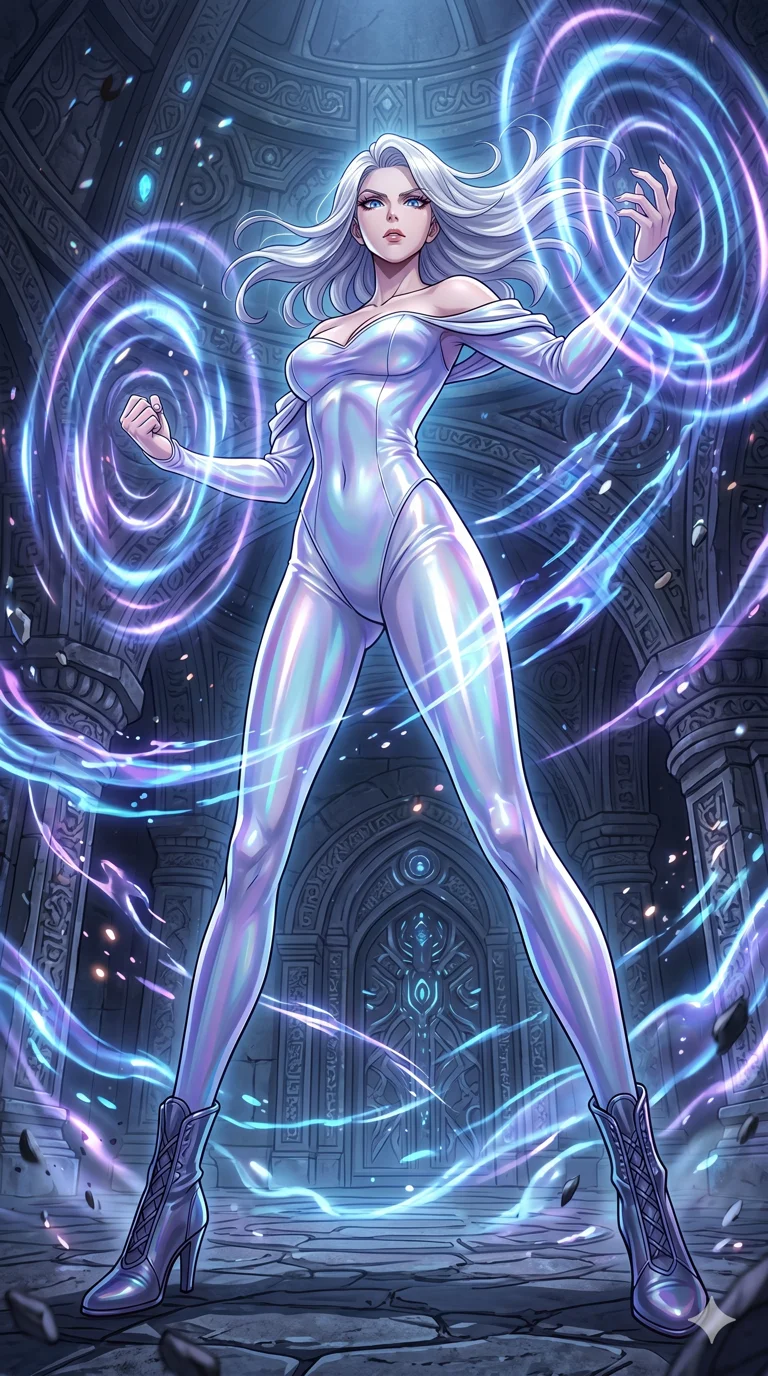 score_9, masterpiece, best quality, ultra-detailed, High-budget Anime Keyframe, vibrant colors, fluid line-art, expressive lighting, cinematic composition, Ufotable-style visual effects, top-tier animation quality, Caucasian woman with pale skin and refined features. Low angle cowboy shot filling the entire 9:16 frame with her statuesque presence, looking up to emphasize her height. Commanding sonic vibrations that ripple through the air as visible distortions of light. She has an absolutely perfect 8-heads proportion, an exceptionally tall and slender female figure with impossibly long slender legs and an ultra-slim waist, her statuesque height and towering silhouette dominating the vertical 9:16 frame. Her face is a masterpiece featuring a sharp v-shaped jawline, high-bridge nose, intricate jewel-like eyes with depth, thick eyelashes, and glossy lips with a natural sheen. She is wearing a Liquid pearl fabric bodysuit that shimmers with an iridescent sheen, with elegant off-shoulder sleeves. The scene is set in a chamber of echoes where every sound creates beautiful liquid patterns in the air. 2k, ultra detail, master piece, 9:16 ratio