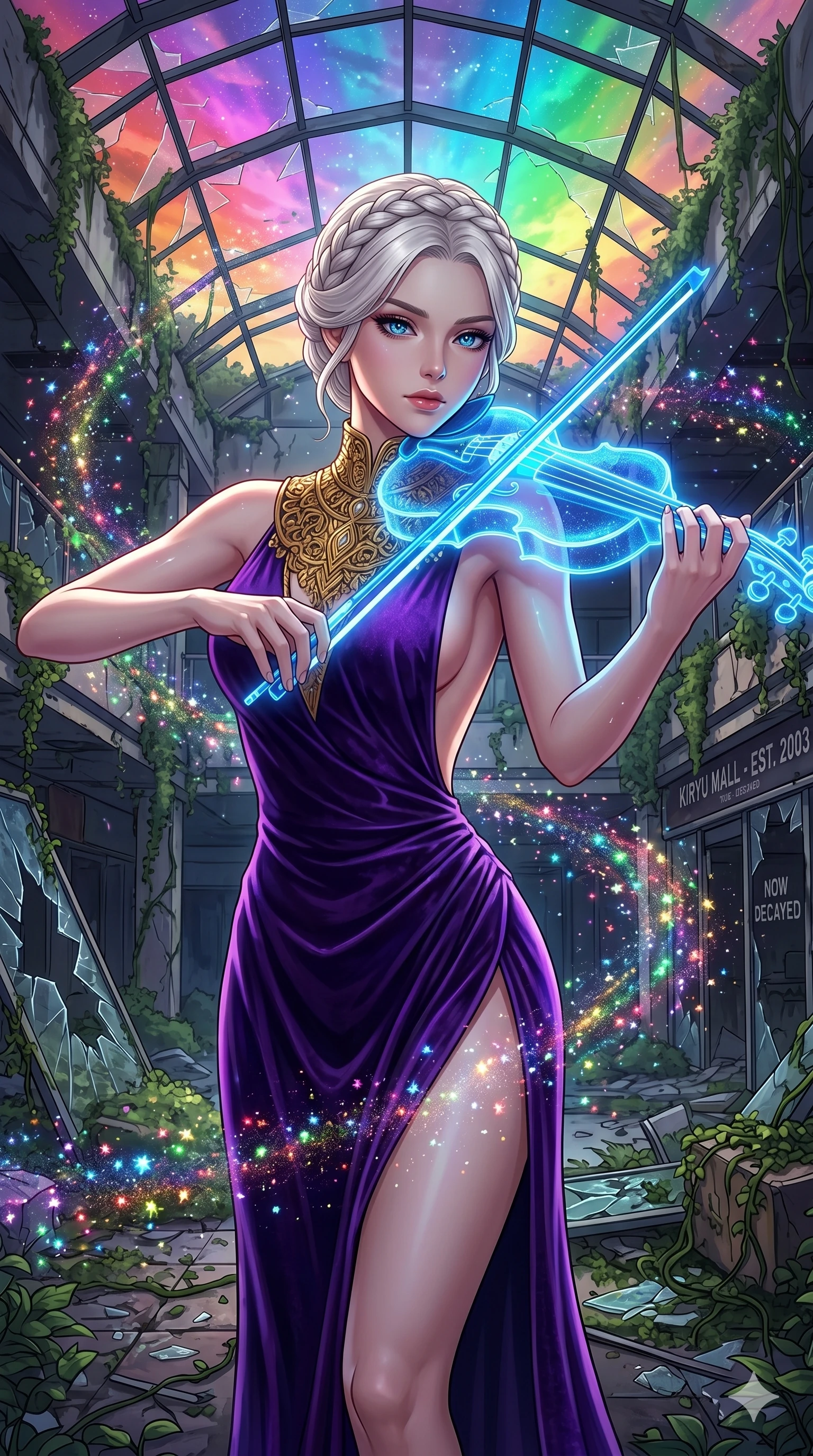 score_9, masterpiece, best quality, ultra-detailed, Set A: High-budget Anime Keyframe, Japanese woman. Upper body close-up from the thighs up, character filling the screen for maximum presence. Theme: Historical Remix. playing a holographic violin in a ruined overgrown shopping mall, with a look of serene power as the sky splits into 138 colors. The atmosphere is filled with a swirling vortex of stars. She has an absolutely perfect 8-heads proportion, an exceptionally tall and slender female figure with impossibly long slender legs and an ultra-slim waist. Sharp v-shaped jawline, high-bridge nose, intricate jewel-like eyes with depth, glossy lips. Wearing Royal purple velvet gown with a massive gold-engraved neck-piece and open sides. Cinematic lighting, vivid colors, dramatic shadows, 2k, ultra detail, master piece, 9:16 ratio