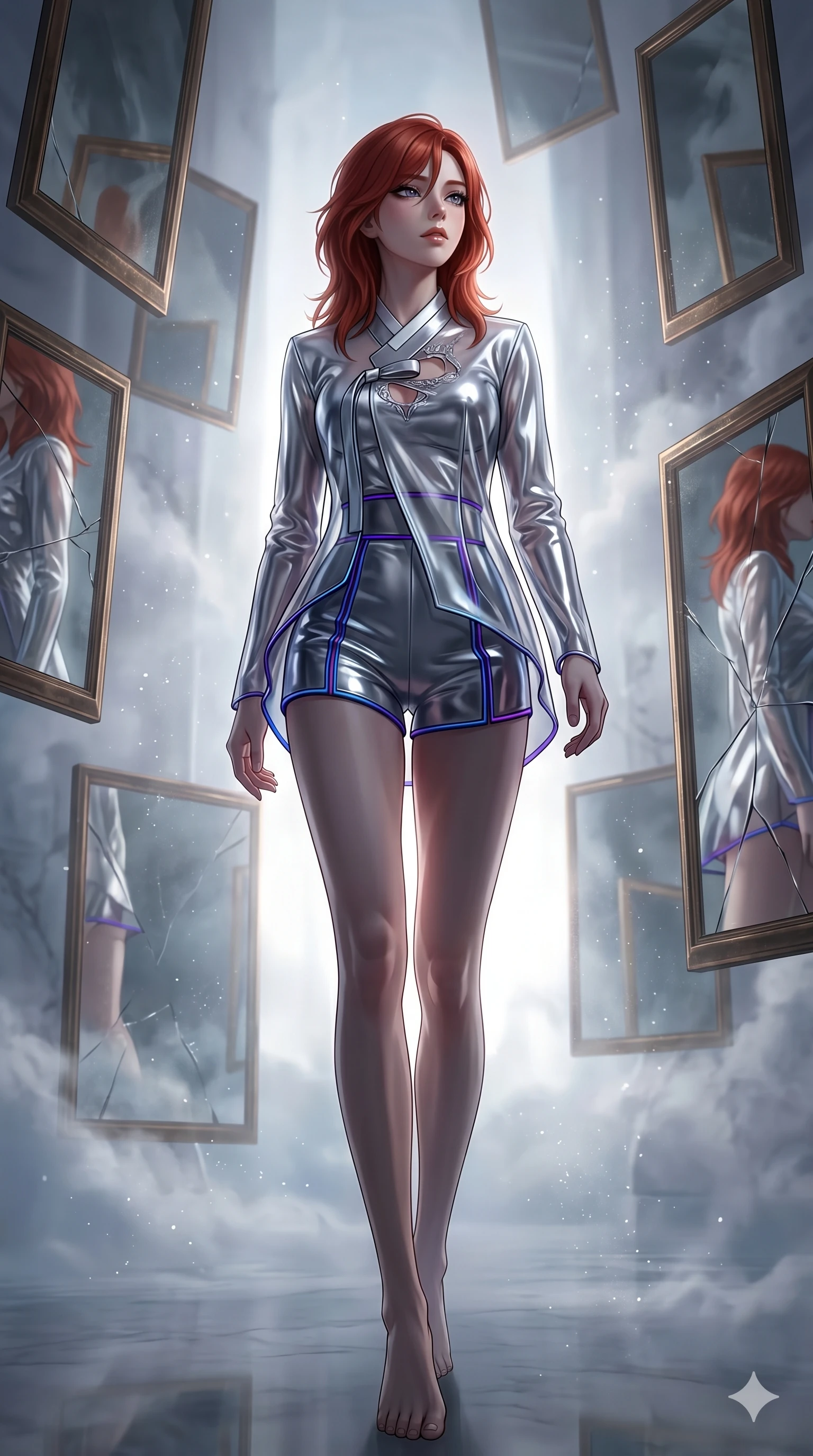 score_9, masterpiece, best quality, ultra-detailed, high-budget anime keyframe, Korean woman. low angle full-body shot filling the entire 9:16 frame with her statuesque presence, stretching the vertical silhouette. wandering through a mirage cloud cathedral of translucent marble and water mist, surrounded by floating ancient bronze mirror walls. She has an absolutely perfect 8-heads proportion, an exceptionally tall and slender female figure with impossibly long slender legs and an ultra-slim waist. V-shaped jawline, high-bridge nose, intricate jewel-like eyes with depth, thick eyelashes, glossy lips with a natural sheen.. wearing a vinyl liquid mercury fusion hanbok, featuring a translucent chrome-silver vinyl jeogori and high-waist tailored mini shorts, detailed with glowing neon wire trims and a tasteful chest slit. illuminated by dramatic chiaroscuro casting soft shadows along her elegant contours, with vibrant backlighting highlighting the dust particles. 2k, ultra detail, master piece, 9:16 ratio