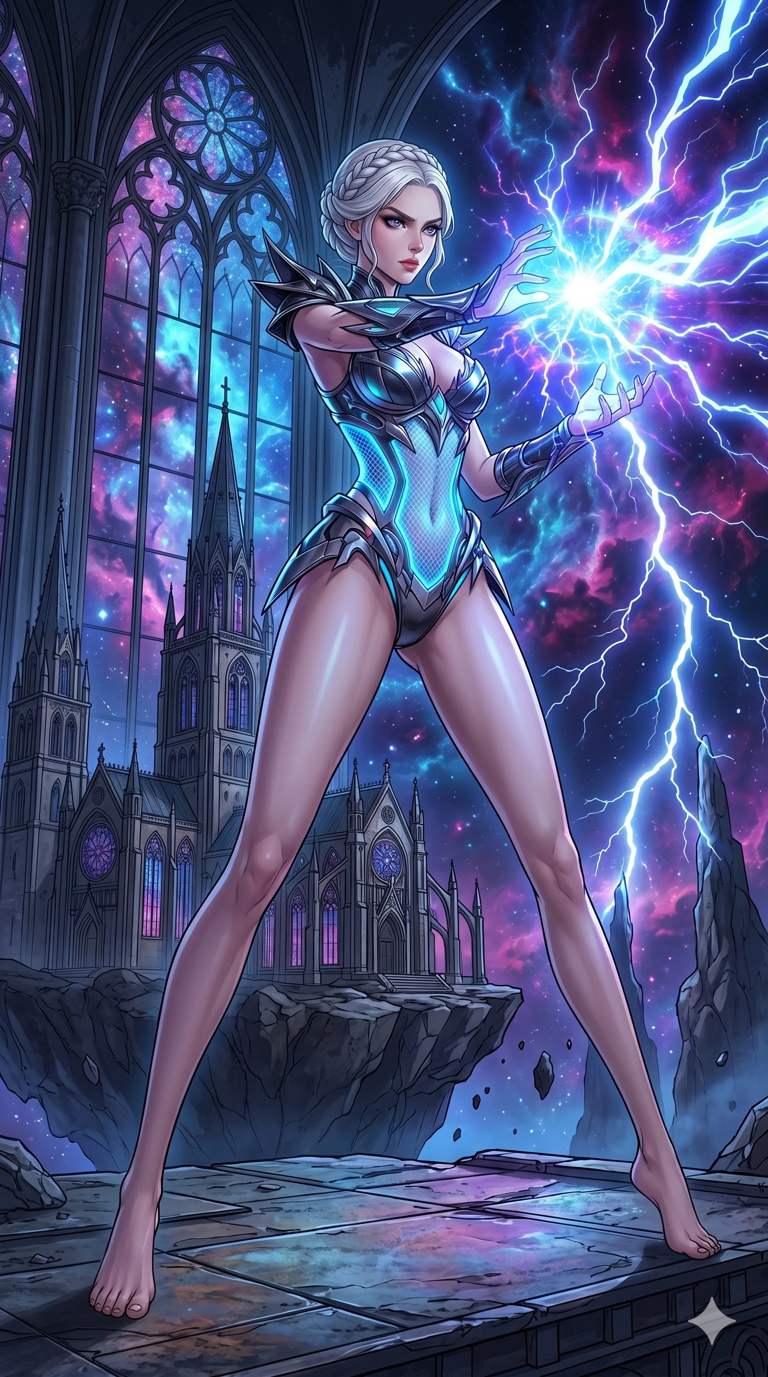 score_9, masterpiece, best quality, ultra-detailed, High-budget Anime Keyframe, vibrant colors, fluid line-art, expressive lighting, cinematic composition, Ufotable-style visual effects, top-tier animation quality, Japanese woman with delicate and elegant anime-inspired features. Wide-angle low shot emphasizing her impossibly long slender legs and commanding stature. Charging a devastating energy blast between her palms during a fierce thunderstorm on a metallic plateau, lightning striking around her. She has an absolutely perfect 8-heads proportion, an exceptionally tall and slender female figure with impossibly long slender legs and an ultra-slim waist, her statuesque height and towering silhouette dominating the vertical 9:16 frame. Her face is a masterpiece featuring a sharp v-shaped jawline, high-bridge nose, intricate jewel-like eyes with depth, thick eyelashes, and glossy lips with a natural sheen. She is wearing a Metallic armor-bikini with sharp, aggressive edges and integrated energy-shield generators crafted from Fluorescent mesh that glows brightly under neon light, highlighting her silhouette, with a dangerous high slit that showcases her impossibly long slender legs. The scene is set in a majestic gothic cathedral in deep space with massive windows overlooking a swirling nebula, illuminated by flickering starlight and nebula glow providing a mystical and vast ambiance. 2k, ultra detail, master piece, 9:16 ratio