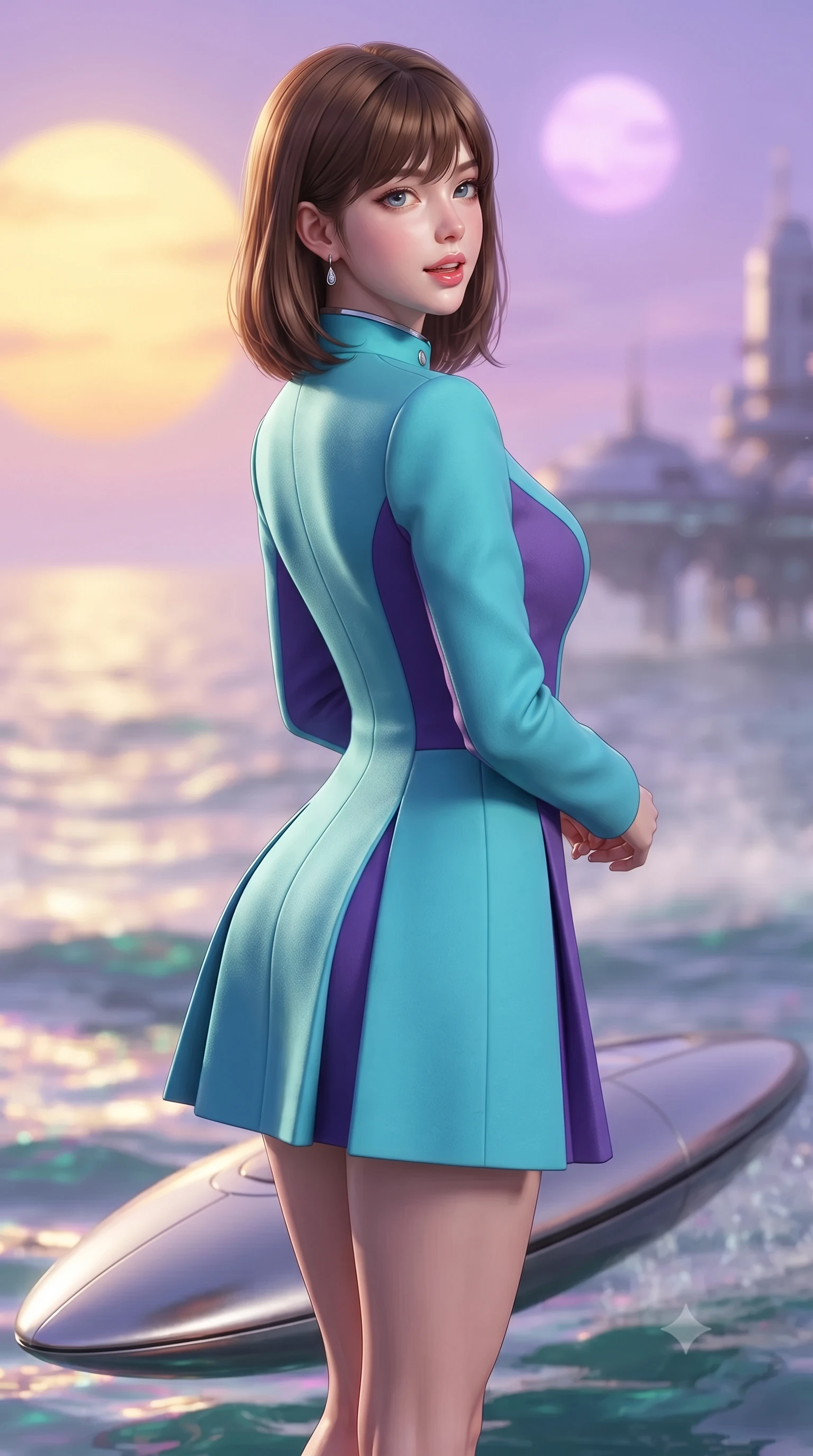 score_9, masterpiece, best quality, ultra-detailed, high-budget anime keyframe, editorial fashion photography, tasteful artistic composition, Korean woman. close-up cowboy shot from the waist and thighs up, the character dominates the composition, filling the frame with her large presence. posing in an alluring rear three-quarter angle, looking over a bare shoulder with parted glossy lips, her hips cocked back to highlight her slim hourglass curve while standing poised on the aerodynamic titanium pontoon suspended over the iridescent waves of the sentient liquid ocean, arching her back with siren allure. The background shows a soft-focus iridescent sea spray mist softened in alien oceanic research station shallow focus. She has an exceptionally elegant, slender, and willowy female figure with an ultra-slim waist, flat toned midriff, narrow ribcage, and sculpted feminine hips creating an alluring, slim hourglass silhouette without bulk. sharp v-shaped jawline, high-bridge nose, intricate jewel-like sparkling eyes with depth, thick eyelashes, glossy parted lips with a natural peach sheen, bright cheerful beaming smile with an enchanting and coquettish sensual glint, exuding both youthful cute charm and seductive allure, flawlessly proportioned anatomical accuracy, strict slender model proportions, natural body alignment, perfectly sculpted long slender limbs, ultra-slim waistline, clean dynamic posture without body distortion. wearing a structured deep-space commander dress uniform with stand-up mandarin collar and pleated A-line skirt in Cheonggyecheon neon aqua and ultraviolet amethyst, crafted from bespoke double-faced cashmere with an exceptionally soft tactile finish, finished with a minimalist chrome choker and a single teardrop diamond pendant, the impeccably tailored cut draping gracefully along her slender figure with aristocratic poise. bathed in the surreal dual illumination of twin setting suns—one golden amber, one lavender rose. ultra-reflective glossy finish, specular highlights, rich textural contrasts, high-contrast stereoscopic depth, volumetric dynamic lighting, 2k, ultra detail, master piece, 9:16 ratio