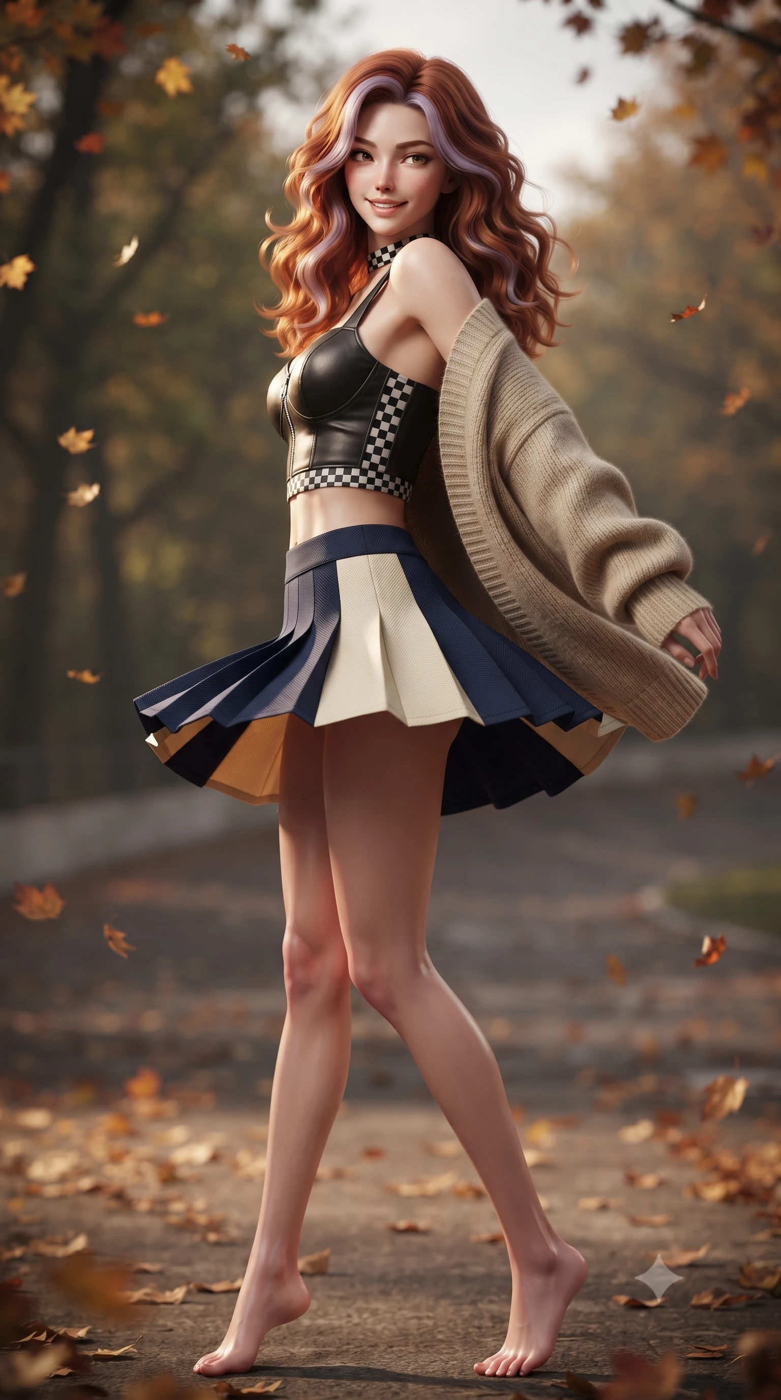 score_9, masterpiece, best quality, ultra-detailed, high-budget anime keyframe, editorial fashion photography, tasteful artistic composition, Caucasian woman. low angle full-body shot from head to toe showing her feet, filling the entire 9:16 vertical frame with her statuesque presence, stretching her vertical silhouette. executing an athletic pivot turn as her pleated tennis skirt flutters around her slender legs, glancing over her shoulder with an intoxicating, teasing bedroom-gaze while twisting her slender torso in an alluring S-curve on the dramatic incline, ancient park trees and autumn leaves framing her hourglass curves. The background shows a soft-focus swirling autumn leaves on the abandoned oval track softened in romantic vintage motorsport shallow focus. She has an absolutely perfect, statuesque 8.5-heads proportion, an exceptionally tall and slender model-like female figure with impossibly long slender legs, an ultra-slim waist, a flat toned midriff, narrow delicate ribcage, and beautifully sculpted feminine hips creating a graceful, slim hourglass silhouette without any bulky heaviness. sharp v-shaped jawline, high-bridge nose, sparkling eyes with athletic focus and depth, thick curled eyelashes, glossy parted lips with a natural coral-peach sheen, bright confident and coquettish smile with alluring bedroom-eyes, exuding both youthful sporty vigor and sovereign high-society glamour, flawlessly proportioned anatomical accuracy, strict slender model proportions, natural body alignment, perfectly sculpted long slender limbs, ultra-slim waistline, clean dynamic posture without body distortion. wearing a chic leather bustier top with checkered flag trim paired with an ultra-short A-line tennis skirt in Monaco navy blue and cream champagne gold, made of second-skin technical compression piqué knit with moisture-wicking stretch, complemented by an oversized cashmere knit cardigan slipping off one bare shoulder, the form-contouring athletic cut accentuating her sculpted flat midriff, narrow delicate ribcage, and gracefully curvy hips with supermodel precision. illuminated by concrete banking bounce and sharp golden rim lights sculpting her razor-sharp jawline, narrow waist, and curvy hips. ultra-reflective glossy finish, specular highlights, rich textural contrasts, high-contrast stereoscopic depth, volumetric dynamic lighting, 2k, ultra detail, master piece, 9:16 ratio