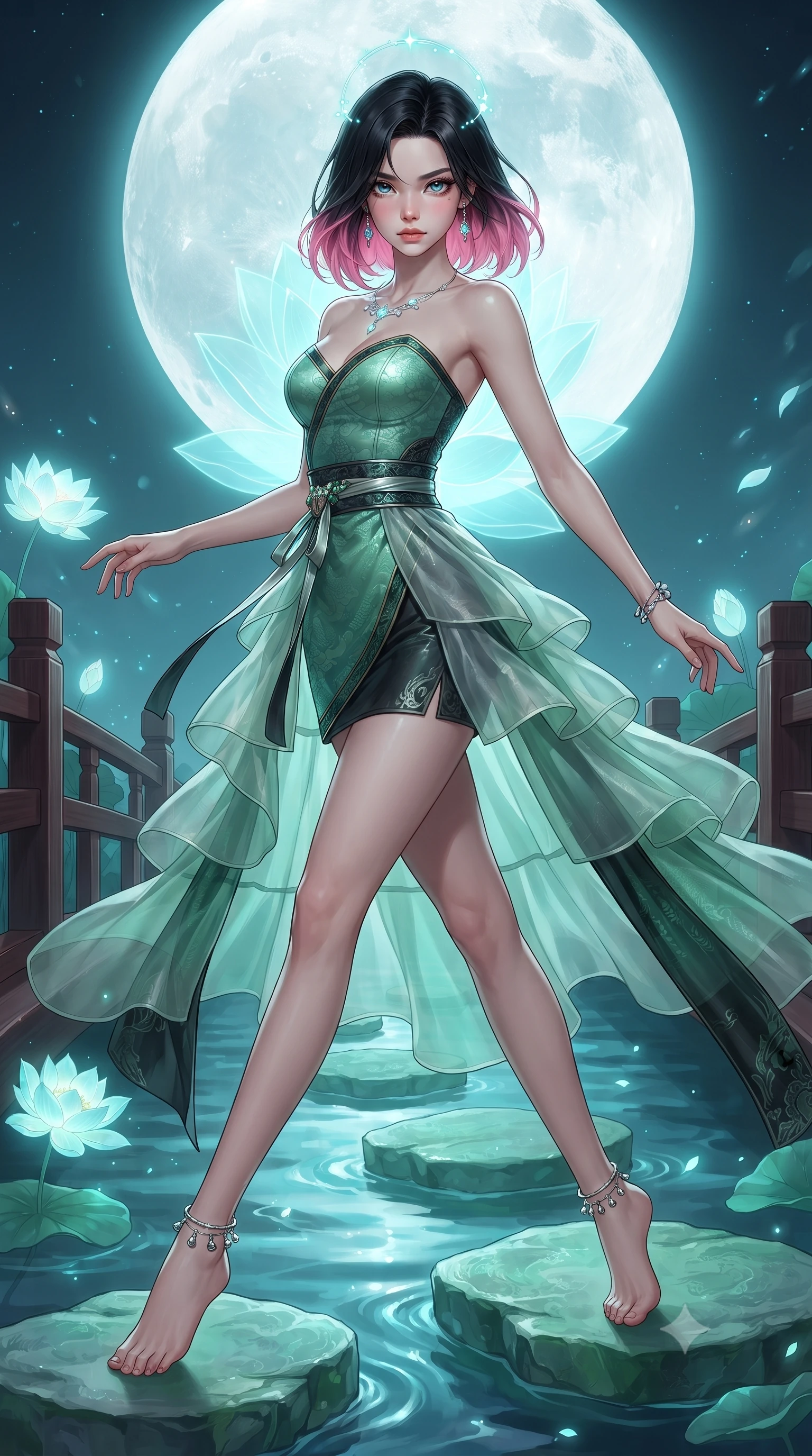 score_9, masterpiece, best quality, ultra-detailed, high-budget anime keyframe, editorial fashion photography, tasteful artistic composition, Korean woman. close-up cowboy shot from the waist and thighs up, the character dominates the composition, filling the frame with her large presence. radiating intense magnetic charisma with jewel-like eyes locked onto the viewer, her upper body turning in a dynamic, fluid S-curve while striding across floating jade stepping stones with ethereal, weightless grace and divine celestial poise. The surrounding environment is rendered in vivid detail and crisp panoramic clarity. sharp lacquered wooden bridge railings, glowing lotus blossom veins, and water ripple caustics in deep focus. She has an exceptionally elegant, slender, and willowy female figure with an ultra-slim waist, a gracefully sculpted slender torso, toned flat midriff, and a refined slim silhouette. sharp v-shaped jawline, high-bridge nose, intricate jewel-like eyes with depth, thick eyelashes, glossy lips with a natural sheen, captivating and magnetic expression, flawlessly proportioned anatomical accuracy, strict slender model proportions, natural body alignment, perfectly sculpted long slender limbs, ultra-slim waistline, clean dynamic posture without body distortion. wearing a jade-inlaid silk bustier dress with multi-tiered translucent organza train and metallic sash in jade green and dark obsidian, made of rich textured jacquard silk with dragon scale weave, accented with dainty silver ankle bells and a glowing constellation circlet, the form-contouring material adhering flawlessly to her sculpted flat midriff and slender torso, emphasizing her long leg lines and perfectly proportioned willowy build. bathed in radiant silver-white full moon backlighting and soft cyan holographic lotus glow. ultra-reflective glossy finish, specular highlights, rich textural contrasts, high-contrast stereoscopic depth, volumetric dynamic lighting, 2k, ultra detail, master piece, 9:16 ratio