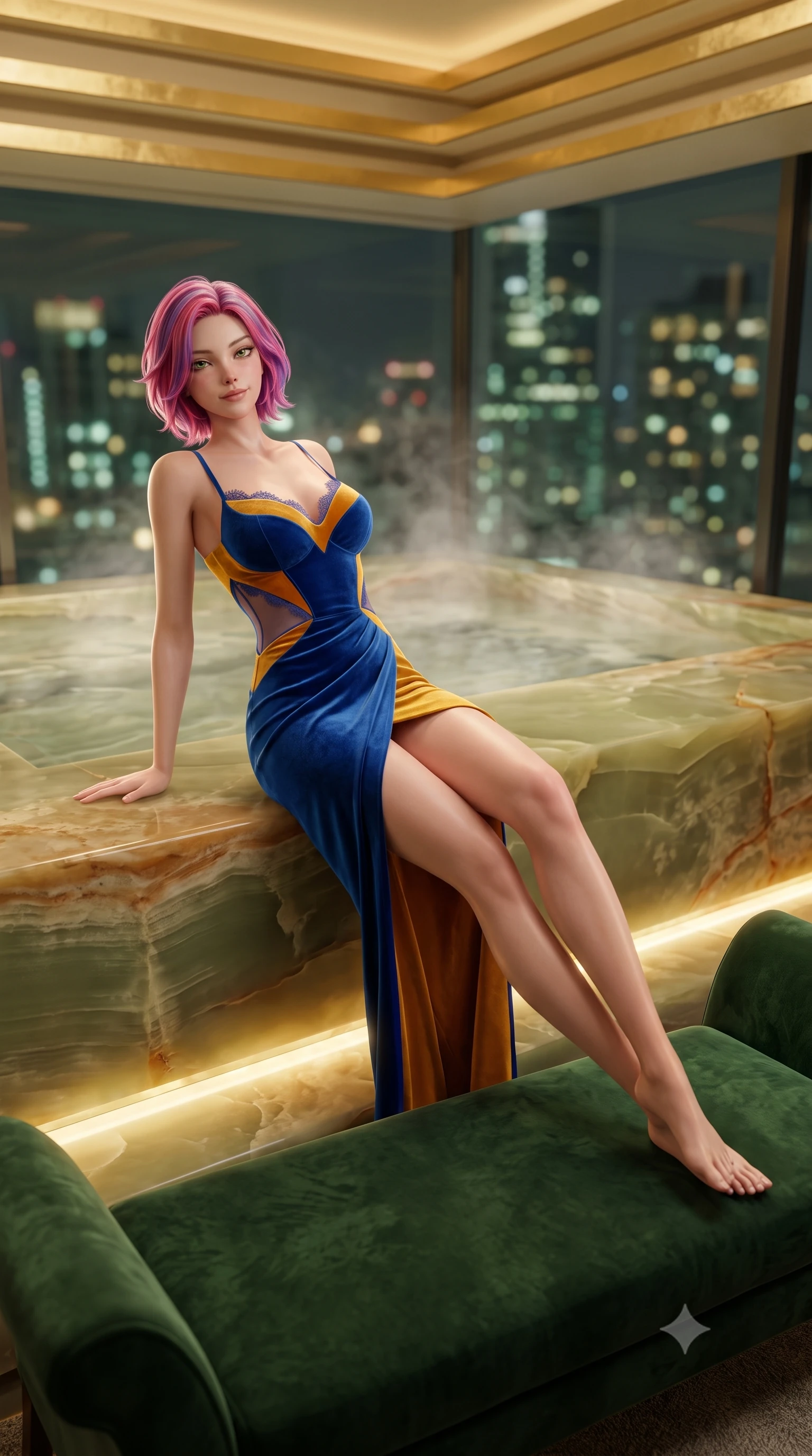 score_9, masterpiece, best quality, ultra-detailed, high-budget anime keyframe, semi-realistic 3D game render, editorial fashion photography, tasteful artistic composition, Caucasian woman. low angle full-body shot from head to toe showing her feet, filling the entire 9:16 vertical frame with her statuesque presence, stretching her vertical silhouette. reclining gracefully across the plush chaise lounge with one leg extended, her sculpted silhouette and flat midriff radiating magnetic nocturnal glamour while reclining inside the monumental sunken green onyx soaking tub, arching her spine with seductive indulgence against the warm polished stone rim. The background shows a soft-focus steaming water surface in sunken bath, stepped gold-leaf ceiling cornices, and glittering city skyline outside blurred into jade, honey, and charcoal bokeh. She has an absolutely perfect, statuesque 8.5-heads proportion, an exceptionally tall and slender model-like female figure with impossibly long slender legs, an ultra-slim waist, a flat toned midriff, narrow delicate ribcage, and beautifully sculpted feminine hips creating a graceful, slim hourglass silhouette without any bulky heaviness. sharp v-shaped jawline, high-bridge nose, sparkling eyes with hypnotic seductive depth, thick curled eyelashes, glossy parted lips with a natural dewy peach sheen, alluring bedroom-eyes with an enchanting coquettish smile, exuding magnetic siren charisma and sophisticated glamour, flawlessly proportioned anatomical accuracy, strict slender model proportions, natural body alignment, perfectly sculpted long slender limbs, ultra-slim waistline, clean dynamic posture without body distortion. wearing a deep sweetheart-neckline velvet bodycon dress with sheer side-torso cutouts accentuating her hourglass curves in Marrakesh cobalt majorelle blue and saffron gold, tailored from ultra-plush velvet with rich tactile depth and deep shadow gradients, finished with scalloped eyelash lace trim framing her sweetheart neckline with intimate elegance, the high-slit wrap tailoring accentuating her ultra-slim waistline and the enchanting curve of her feminine hips with alluring seductive charm. bathed in soft 2700K concealed warm LED cove lighting beneath the stepped onyx platform mixed with exterior city ambient fill. highly saturated vibrant anime colors, detailed shading with soft gradients, rich glossy textures, high-contrast stereoscopic depth, volumetric dynamic lighting, master piece, 9:16 ratio