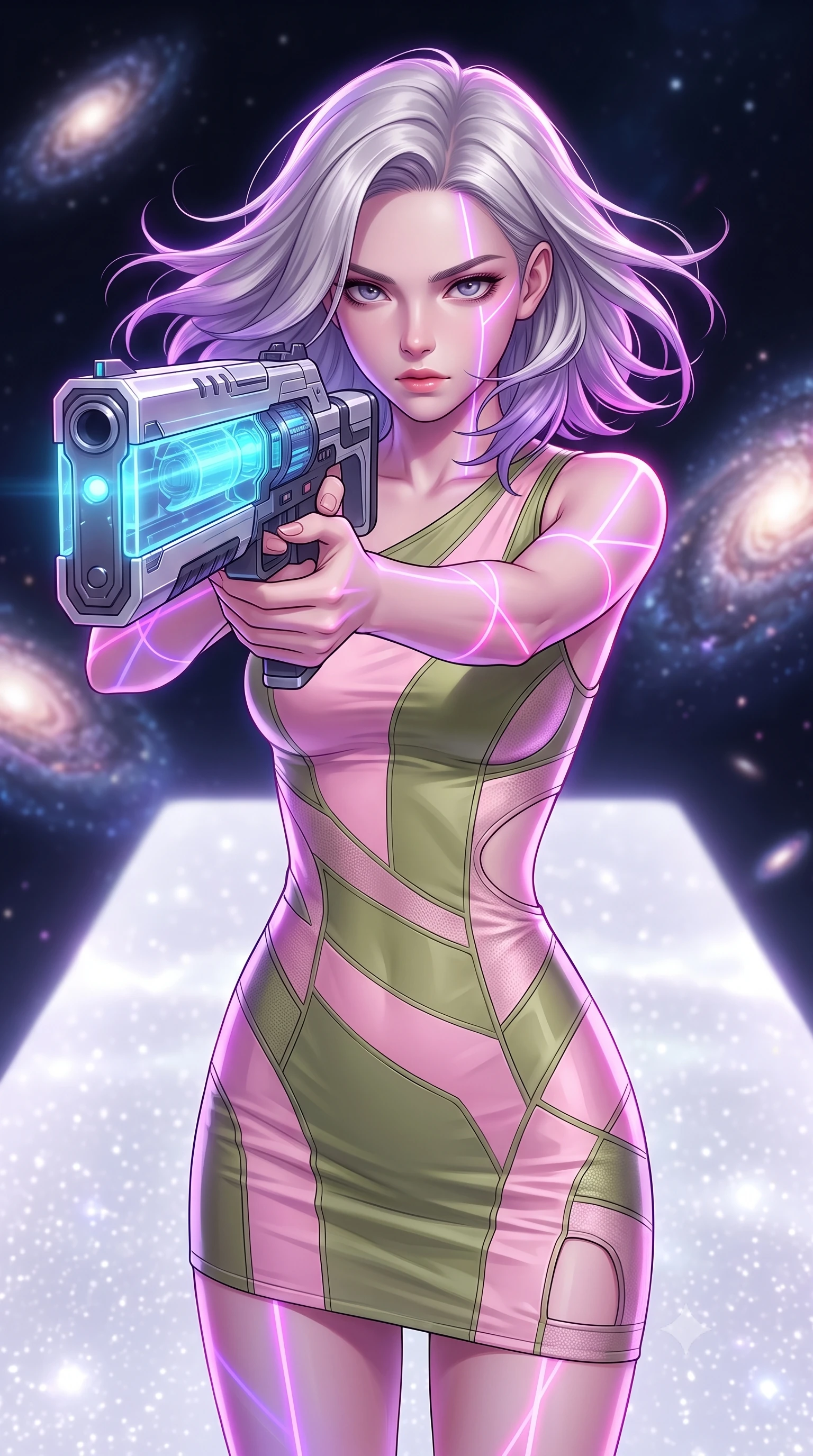 score_9, masterpiece, best quality, ultra-detailed, high-budget anime keyframe, editorial fashion photography, tasteful artistic composition, Caucasian woman, strictly human ears. close-up cowboy shot from the waist and thighs up, the character dominates the composition, filling the frame with her large presence, background elements kept in soft focus. Aiming a sleek holographic railgun with intense focused gaze and wind-blown hair. set against a soft-focus background of a platform made of solidified white starlight, floating in a dark cosmic void between spiral galaxies. She has an exceptionally elegant and slender, willowy female figure with an ultra-slim waist, a gracefully sculpted slender torso, and a refined slim physique. sharp v-shaped jawline, high-bridge nose, intricate jewel-like eyes with depth, thick eyelashes, glossy lips with a natural sheen. wearing tailored for maximum mobility, sleek form-contouring panels that allow fluid movement, a form-contouring sleek asymmetric one-shoulder dress in pastel pink and olive green silk, following her slender frame with sharp lines. highly saturated vibrant anime colors, intense vivid color palette, soft 3D volumetric shading, volumetric dynamic lighting, laser lines of violet and hot pink reflecting off surfaces casting geometric neon highlights. 2k, ultra detail, master piece, 9:16 ratio