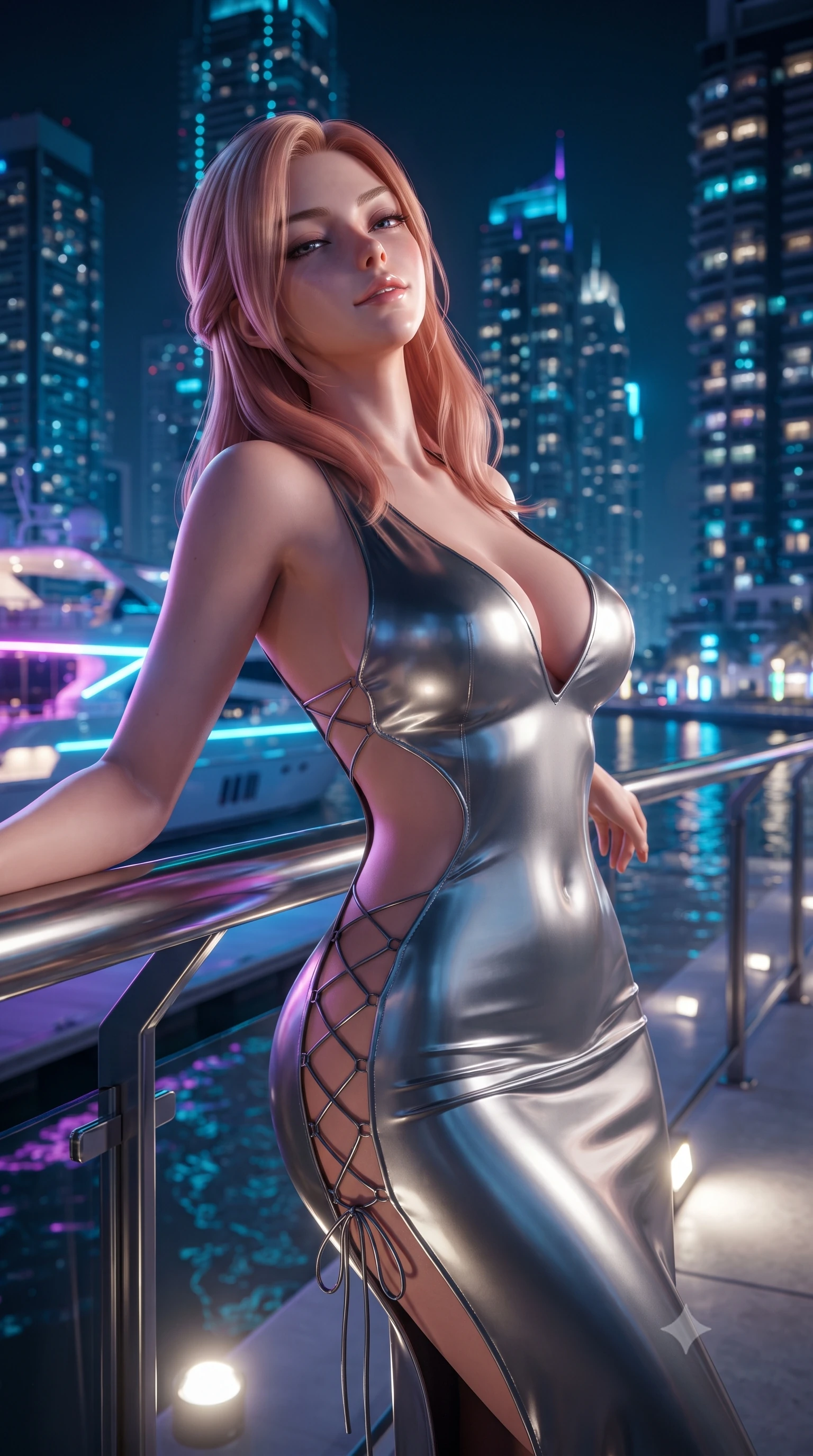 score_9, masterpiece, best quality, ultra-detailed, high-budget anime keyframe, editorial fashion photography, tasteful artistic composition, Japanese woman. close-up cowboy shot from the waist and thighs up, the character dominates the composition, filling the frame with her large presence. leaning back against the balustrade with relaxed seductive grace, head tilted back slightly while casting a hypnotic, heavy-lidded gaze while pausing beside an illuminated yacht berth with hips cocked back, glancing back with an intoxicating, dangerous smile toward the lens. The background shows a soft-focus colossal glass skyscrapers soaring hundreds of meters into the night sky, neon-lit luxury mega-yachts, and glowing canal waters blurred into cyan, violet, and gold bokeh. She has an exceptionally elegant, slender, and willowy female figure with an ultra-slim waist, flat toned midriff, narrow ribcage, and sculpted feminine hips creating an alluring, slim hourglass silhouette without bulk. sharp v-shaped jawline, high-bridge nose, intricate jewel-like sparkling eyes with depth, thick eyelashes, glossy parted lips with a natural peach sheen, bright cheerful beaming smile with an enchanting and coquettish sensual glint, exuding both youthful cute charm and seductive allure, flawlessly proportioned anatomical accuracy, strict slender model proportions, natural body alignment, perfectly sculpted long slender limbs, ultra-slim waistline, clean dynamic posture without body distortion. wearing a liquid silver jersey plunge-neck bodycon dress with daring side cutouts tracing her dewy waist and hips in smoky charcoal noir and reflective metallic platinum, crafted from wet-look high-gloss vinyl fabric with dazzling specular surface reflections, featuring fine criss-cross lace-up side ties revealing tantalizing glimpses of her hip curve, the form-contouring silhouette accentuating her sculpted flat midriff, narrow delicate ribcage, and gracefully curvy hips with intoxicating allure. illuminated by ground uplights and sharp multi-colored rim lights sharply sculpting her slender torso, narrow waist, and curvy hips. ultra-reflective glossy finish, specular highlights, rich textural contrasts, high-contrast stereoscopic depth, volumetric dynamic lighting, 2k, ultra detail, master piece, 9:16 ratio