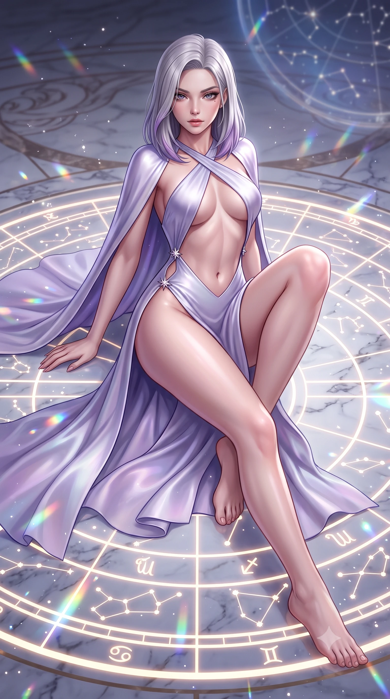 score_9, masterpiece, best quality, ultra-detailed, high-budget anime keyframe, semi-realistic 3D game render, editorial fashion photography, tasteful artistic composition, Caucasian woman. low angle full-body shot from head to toe showing her feet, filling the entire 9:16 vertical frame with her statuesque presence, stretching her vertical silhouette. reclining on her side in an elegant Cleopatra pose with one knee drawn up, the dramatic contour of her rounded hips and long slender legs commanding the 9:16 vertical frame while striding across the illuminated marble star-chart floor, hips swaying with sovereign cosmic empress charisma. The composition keeps background elements in soft focus with creamy bokeh. floating stardust flecks and prismatic telescope lens refractions scattering ethereal light motes. She has an absolutely perfect, statuesque 8.5-heads proportion, an exceptionally tall and slender model-like female figure with impossibly long slender legs, a toned flat midriff, an ultra-slim waist, and beautifully sculpted feminine hips. sharp v-shaped jawline, high-bridge nose, intricate jewel-like eyes with depth, thick eyelashes, glossy parted lips with a natural sheen, intensely captivating and seductive bedroom-eyes expression, flawlessly proportioned anatomical accuracy, strict slender model proportions, natural body alignment, perfectly sculpted long slender limbs, ultra-slim waistline, clean dynamic posture without body distortion. wearing a modern cosmos monokini with crossed chest straps and high-hip cut, layered under a stardust cape in ethereal lilac mist and celestial silver, tailored from ultra-smooth duchess satin with a pearlescent celestial sheen, finished with an ultra-high side slit secured by miniature starburst clasps, the second-skin form-contouring cut accentuating her sculpted flat midriff, narrow waistline, and dramatically curvy hips without adding bulk. surrounded by a celestial, immortal, and deeply hypnotic cosmos sovereign aura. highly saturated vibrant anime colors, detailed shading with soft gradients, rich glossy textures, high-contrast stereoscopic depth, volumetric dynamic lighting, master piece, 9:16 ratio