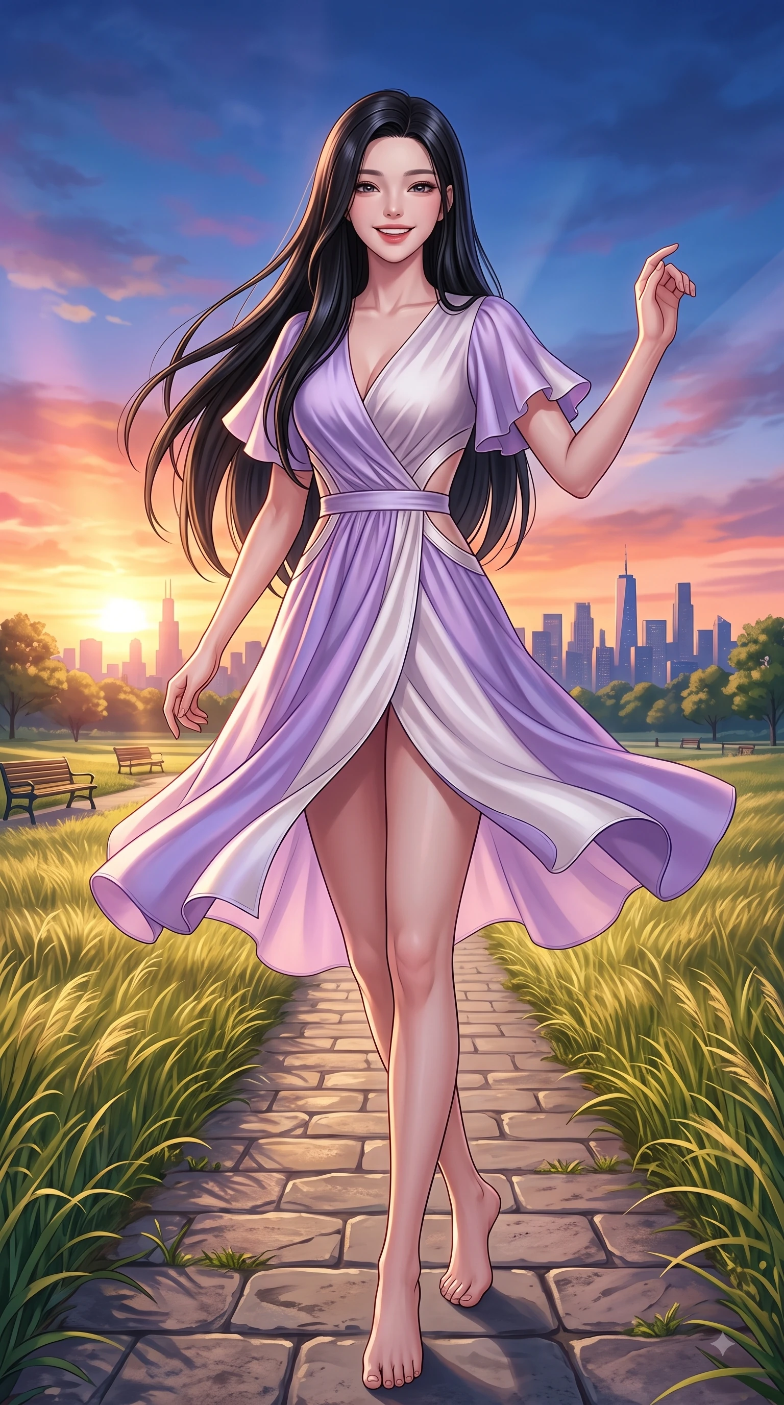 score_9, masterpiece, best quality, ultra-detailed, high-budget anime keyframe, editorial fashion photography, tasteful artistic composition, Korean woman. low angle full-body shot from head to toe showing her feet, filling the entire 9:16 vertical frame with her statuesque presence, stretching her vertical silhouette. performing a cheerful mid-motion turn with flawless poise, her radiant smile capturing fresh girlhood energy while walking cheerfully along a park pathway bordered by swaying grass as sunset light paints the sky. The surrounding environment is rendered in vivid detail and crisp panoramic clarity. scenic walking paths and distant city skyline silhouettes captured with environmental clarity. She has an absolutely perfect, statuesque 8.5-heads proportion, an exceptionally tall and slender model-like female figure with impossibly long slender legs and an ultra-slim waist. sharp v-shaped jawline, high-bridge nose, intricate jewel-like eyes with depth, thick eyelashes, glossy lips with a natural sheen, flawlessly proportioned anatomical accuracy, natural body alignment, perfectly sculpted elegant limbs, clean dynamic posture without body distortion. wearing an elegant V-neck silk wrap dress with fluttery short sleeves and a cinched waist in soft lavender violet and pearl white, crafted from smooth liquid silk satin, complemented by clean architectural cutouts along her slender torso, the glove-like fit emphasizing her statuesque silhouette during motion. surrounded by a serene, uplifting, and romantic park ambiance. highly saturated vibrant anime colors, detailed shading with soft gradients, rich glossy textures, high-contrast stereoscopic depth, volumetric dynamic lighting, master piece, 9:16 ratio