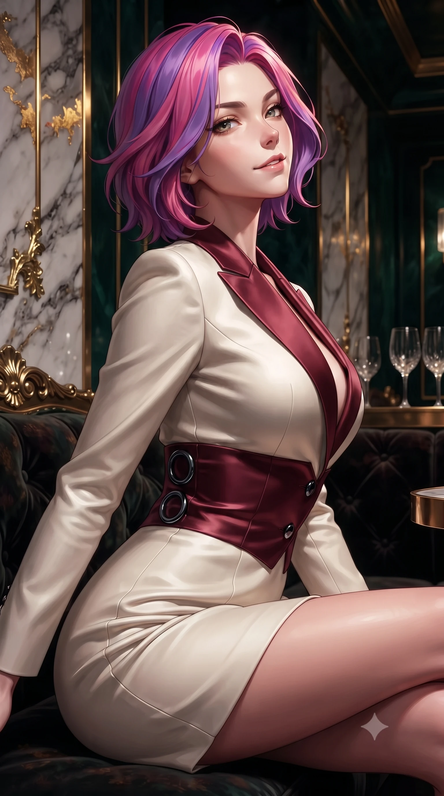 score_9, masterpiece, best quality, ultra-detailed, high-budget anime keyframe, editorial fashion photography, tasteful artistic composition, Caucasian woman. close-up cowboy shot from the waist and thighs up, the character dominates the composition, filling the frame with her large presence, background elements kept in soft focus. Glancing sidelong over her shoulder with a smoldering, enigmatic half-smile, looking up with a magnetic, composed expression from a dark private booth, gold leaf accents on marble walls glinting under specular highlights. She has an exceptionally elegant, slender, and willowy female figure with an ultra-slim waist, a gracefully sculpted slender torso, and a refined silhouette. sharp v-shaped jawline, high-bridge nose, intricate jewel-like eyes with depth, thick eyelashes, glossy lips with a natural sheen. wearing tailored ivory tux dress with satin lapels and fitted waist in deep crimson burgundy, made of soft crimson satin, accented with sculpted obsidian chrome rings at the waist, accentuating her gracefully sculpted slender torso. bathed in rich dark emerald and gold tones with high-contrast shadows. highly saturated vibrant anime colors, detailed shading with soft gradients, rich glossy textures, high-contrast stereoscopic depth, volumetric dynamic lighting, master piece, 9:16 ratio