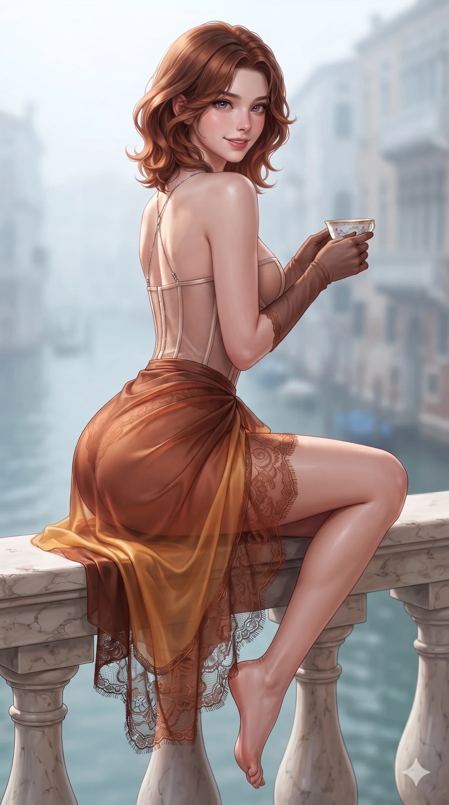 score_9, masterpiece, best quality, ultra-detailed, high-budget anime keyframe, semi-realistic 3D game render, editorial fashion photography, tasteful artistic composition, Korean woman. close-up cowboy shot from the waist and thighs up, the character dominates the composition, filling the frame with her large presence. turning over a bare shoulder with an intoxicating, teasing smile, her soft hair framing her sharp jawline as her hips angle gracefully in a captivating contrapposto while perching on the marble terrace parapet with legs crossed, arching her lower back while holding a delicate porcelain tea cup with sovereign anime grace. The composition keeps background elements in soft focus with creamy bokeh: cool Venetian canal mist softened in historic palazzo terrace shallow focus. She has an exceptionally elegant, slender, and willowy female figure with an ultra-slim waist, flat toned midriff, narrow ribcage, and sculpted feminine hips creating an alluring, slim hourglass silhouette without bulk. sharp v-shaped jawline, high-bridge nose, intricate jewel-like eyes with depth, thick eyelashes, glossy parted lips with a natural sheen, intensely captivating and seductive bedroom-eyes expression, flawlessly proportioned anatomical accuracy, strict slender model proportions, natural body alignment, perfectly sculpted long slender limbs, ultra-slim waistline, clean dynamic posture without body distortion. wearing a provocative translucent mesh corset bodice with boned satin channels paired with a sheer chiffon wrap skirt in rich copper bronze and warm amber, made of delicate semi-sheer French Chantilly lace with intricate eyelash edges, accented with a chrome-drop body harness subtly framing her dewy collarbones and spine, the glove-like clinging cut tightly following the natural contour of her hips and long slender legs with youthful 8.5-heads elegance. highly saturated vibrant anime colors, detailed shading with soft gradients, crisp rim lighting defining her jawline, narrow waist, and curvy hips. highly saturated vibrant anime colors, detailed shading with soft gradients, rich glossy textures, high-contrast stereoscopic depth, volumetric dynamic lighting, master piece, 9:16 ratio