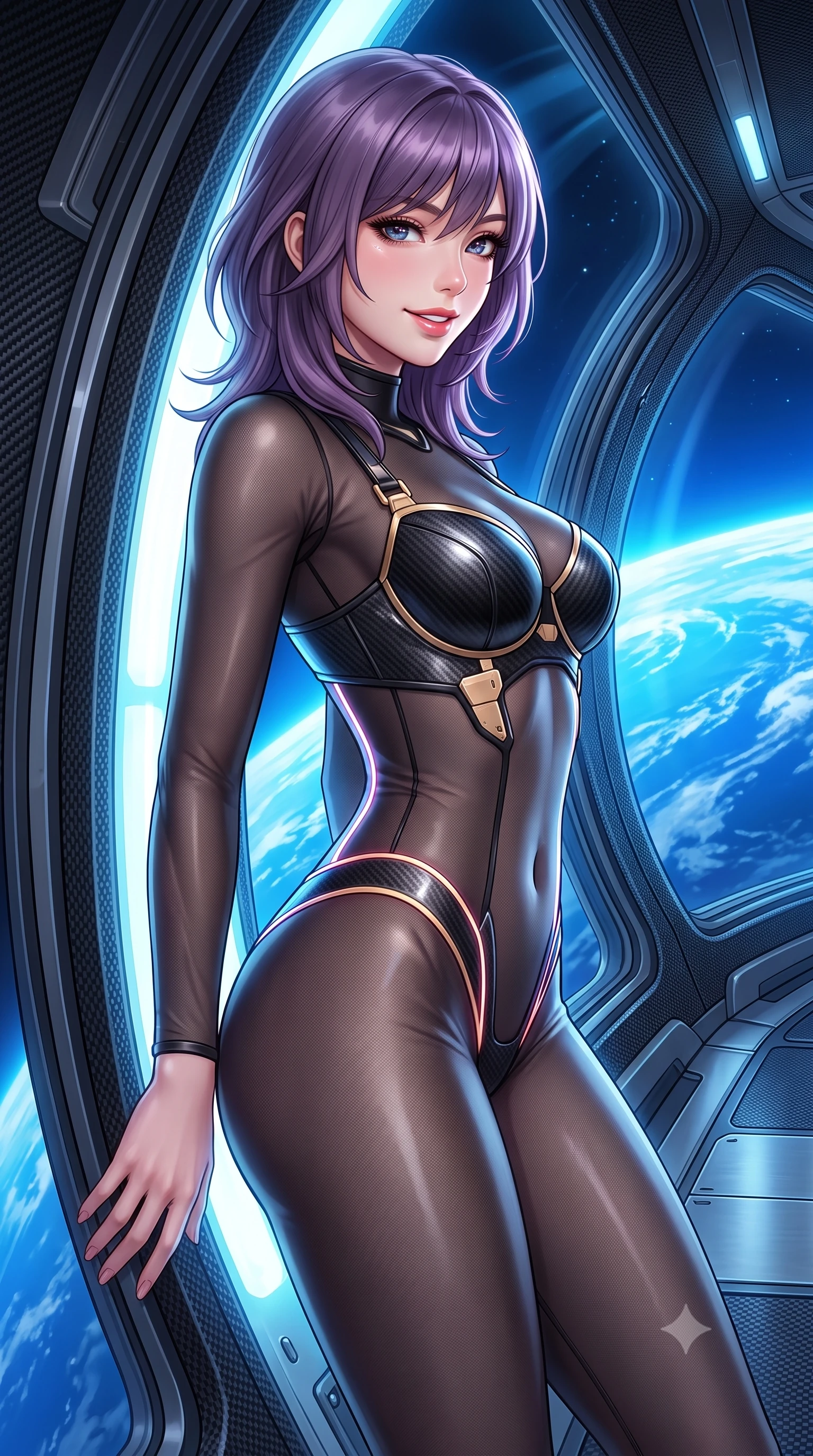 score_9, masterpiece, best quality, ultra-detailed, high-budget anime keyframe, semi-realistic 3D game render, editorial fashion photography, tasteful artistic composition, Japanese woman. close-up cowboy shot from the waist and thighs up, the character dominates the composition, filling the frame with her large presence. leaning back against the glowing maintenance bulkhead with relaxed seductive grace, her flat midriff and narrow waist highlighted as laser ambient light traces her curves while leaning against the curved panoramic observation glass with hips cocked back, casting an alluring bedroom-gaze over the curving blue planet. The surrounding environment is rendered in vivid detail and crisp panoramic clarity: sharp carbon-nanotube tether weave texture, curved panoramic glass window gaskets, and titanium floor plates in deep focus. She has an exceptionally elegant, slender, and willowy female figure with an ultra-slim waist, flat toned midriff, narrow ribcage, and sculpted feminine hips creating an alluring, slim hourglass silhouette without bulk. sharp v-shaped jawline, high-bridge nose, intricate jewel-like sparkling eyes with depth, thick eyelashes, glossy parted lips with a natural sheen, bright confident smile with an enchanting and coquettish sensual glint, exuding both youthful magnetic charm and sovereign high-tech allure, flawlessly proportioned anatomical accuracy, strict slender model proportions, natural body alignment, perfectly sculpted long slender limbs, ultra-slim waistline, clean dynamic posture without body distortion. wearing a semi-translucent smoke-black mesh tactical catsuit with reinforced carbon-fiber bustier plating in glossy onyx black and warm champagne gold hardware, made of high-grade ballistic nylon with precision laser-cut perforations, accented with glowing neon fiber-optic piping tracing her spine and hip lines, the form-contouring cut accentuating her sculpted flat midriff, narrow delicate ribcage, and gracefully curvy hips with cybernetic supermodel precision. bathed in magnificent blue Earth-shine cascading through colossal panoramic viewing windows. highly saturated vibrant anime colors, detailed shading with soft gradients, rich glossy textures, high-contrast stereoscopic depth, volumetric dynamic lighting, master piece, 9:16 ratio
