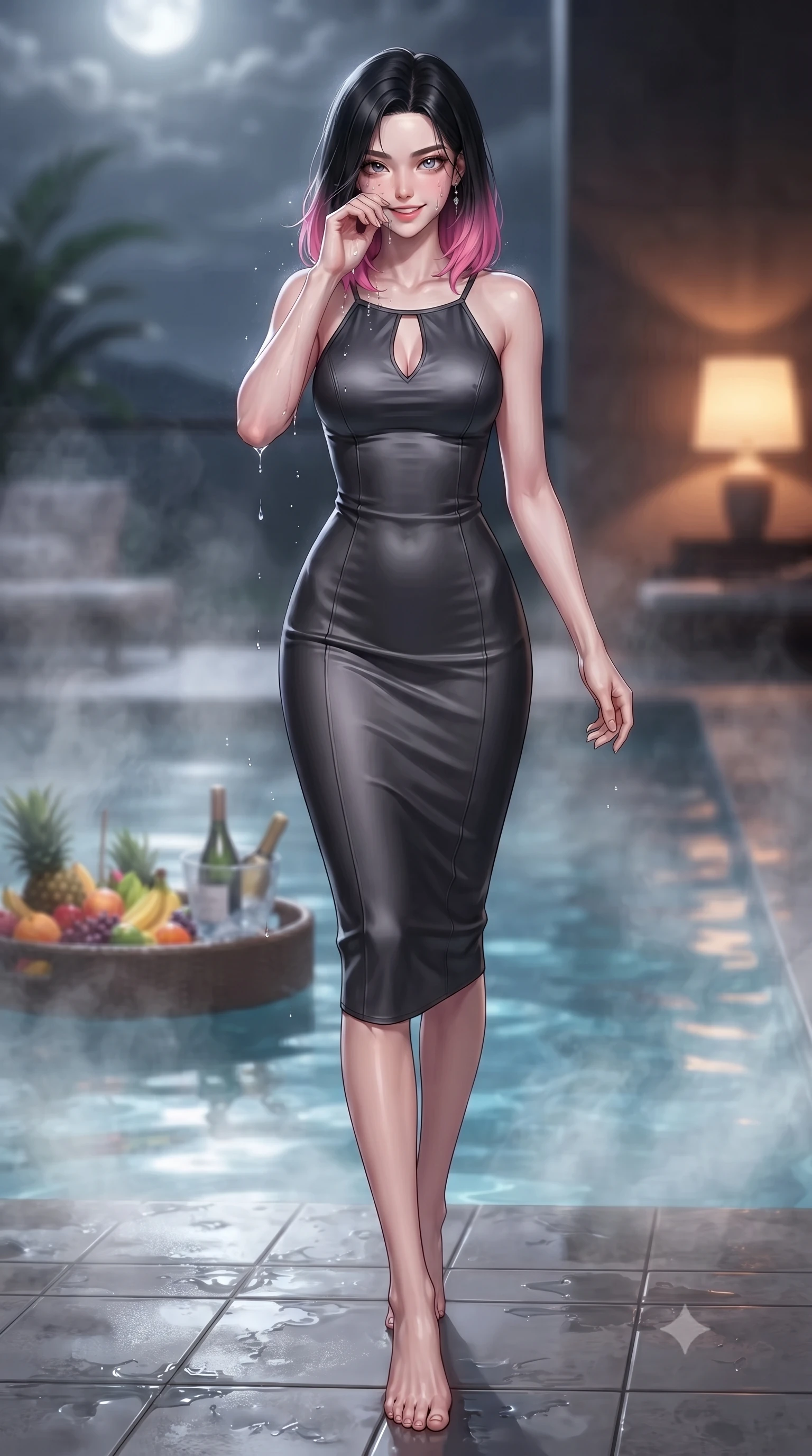 score_9, masterpiece, best quality, ultra-detailed, high-budget anime keyframe, editorial fashion photography, tasteful artistic composition, Korean woman. low angle full-body shot from head to toe showing her feet, filling the entire 9:16 vertical frame with her statuesque presence, stretching her vertical silhouette. stepping forward from the steamy pool edge, wiping away water droplets with a playful and sensual smile set against a soft-focus background of inside an exclusive cocktail lounge with a floating pool tray of tropical fruits and chilled wine in soft focus. She has an absolutely perfect, statuesque 8.5-heads proportion, an exceptionally tall and slender model-like female figure with impossibly long slender legs and an ultra-slim waist. sharp v-shaped jawline, high-bridge nose, intricate jewel-like eyes with depth, thick eyelashes, glossy lips with a natural sheen. wearing form-contouring charcoal matte silk body-hugging knit midi dress with a tasteful keyhole neckline cutout and thin shoulder straps featuring refined tailored seams. illuminated by soft silver moonlight contrasting with the warm amber glow of a nearby lamp. highly saturated vibrant anime colors, detailed shading with soft gradients, rich glossy textures, high-contrast stereoscopic depth, volumetric dynamic lighting, master piece, 9:16 ratio