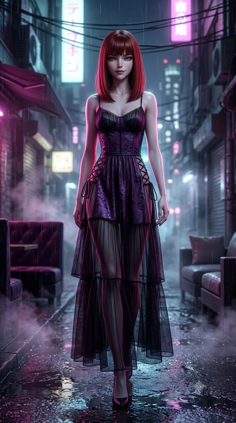 score_9, masterpiece, best quality, ultra-detailed, high-budget anime keyframe, semi-realistic 3D game render, editorial fashion photography, tasteful artistic composition, Caucasian woman. low angle full-body shot from head to toe showing her feet, filling the entire 9:16 vertical frame with her statuesque presence, stretching her vertical silhouette. reclining languidly across the velvet banquette with one knee bent and hips angled toward the camera, displaying her toned midriff and long slender limbs with effortless sensual charisma while stepping forward out of the misty alley shadows with hypnotic poise, hips swaying in an alluring supermodel rhythm. The background shows a soft-focus nocturnal Tokyo alleyway softened in atmospheric rain shallow focus. She has an exceptionally tall and slender model-like 8.5-heads proportion, an ultra-slim waist, a flat toned midriff, narrow delicate ribcage, and beautifully sculpted feminine hips creating a graceful, slim hourglass silhouette without any bulky heaviness, with impossibly long slender legs. sharp v-shaped jawline, high-bridge nose, intricate jewel-like dark sparkling eyes with dangerous depth, thick curled eyelashes, glossy parted lips with a rich wine sheen, smoldering seductive half-smile with bedroom-eyes, exuding effortless superiority and intoxicating dark allure, flawlessly proportioned anatomical accuracy, strict slender model proportions, natural body alignment, perfectly sculpted long slender limbs, ultra-slim waistline, clean dynamic posture without body distortion. wearing a tiered semi-sheer black tulle and silk slip dress with an ultra-slim corseted waist and bare shoulders in royal amaranth purple and liquid platinum, tailored from rich silk jacquard with subtle embossed baroque patterns, featuring fine criss-cross lace-up side ties revealing tantalizing glimpses of her hip curve, the liquid-tight tailored fabric clinging flawlessly to her narrow waist and rounded feminine hips, emphasizing every millimeter of her sculpted slim hourglass curves without any bulky heaviness. illuminated by steam-lit ground bounce and sharp fuchsia-cyan rim lights defining her razor-sharp jawline, narrow waist, and curvy hips. highly saturated vibrant anime colors, detailed shading with soft gradients, rich glossy textures, high-contrast stereoscopic depth, volumetric dynamic lighting, master piece, 9:16 ratio