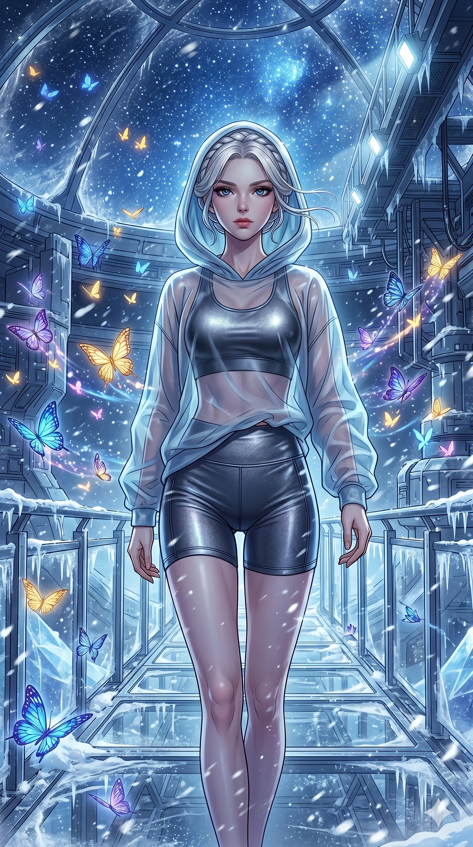 score_9, masterpiece, best quality, ultra-detailed, high-budget anime movie keyframe, cinematic anime lighting, intricate line art, Caucasian (strictly human ears) anime girl. Upper body filling screen focusing on her alluring features and slim-fit silhouette. walking through a blizzard in a futuristic orbital station surrounded by glowing butterflies. She has an absolutely perfect 8-heads proportion, an exceptionally tall and slender female figure with an ultra-slim waist and impossibly long slender legs. sharp v-shaped jawline, high-bridge nose, intricate jewel-like eyes, thick eyelashes, glossy lips. Wearing premium athleisure set with a metallic-finish compression top, high-cut yoga shorts that accentuate her long legs, and a sheer oversized hoodie. The scene is illuminated by dramatic atmospheric lighting and vibrant color palettes. 2k, ultra detail, master piece, 9:16 ratio