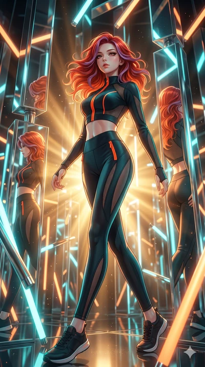 score_9, masterpiece, best quality, ultra-detailed, high-budget anime keyframe, Japanese woman. low angle full-body shot filling the entire 9:16 frame with her statuesque presence, stretching the vertical silhouette. navigating a kinetic light-sculpt
