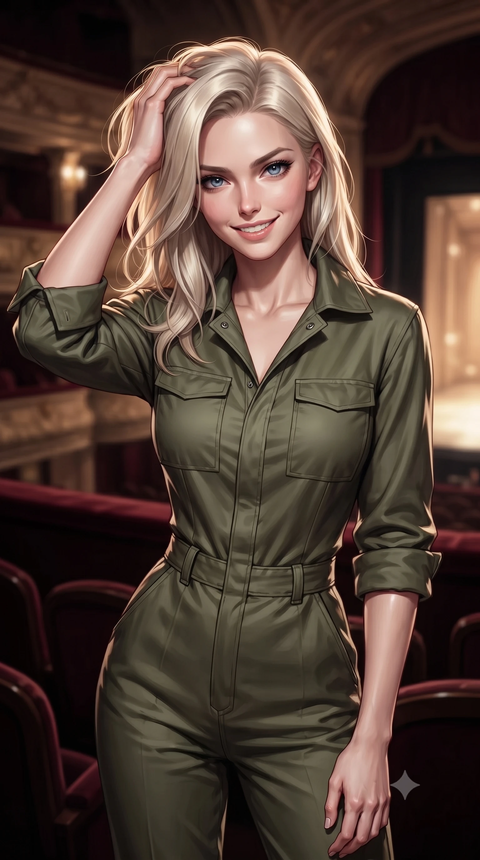 score_9, masterpiece, best quality, ultra-detailed, high-budget anime keyframe, editorial fashion photography, tasteful artistic composition, Caucasian woman. close-up cowboy shot from the waist and thighs up, the character dominates the composition, filling the frame with her large presence, background elements kept in soft focus. smiling with quiet, magnetic self-assurance directly into the camera, running a hand through her hair the background shows a soft-focus an intimate opera box suite with plush velvet seats and a view of the glowing stage. She has an exceptionally elegant, slender, and willowy female figure with an ultra-slim waist, a gracefully sculpted slender torso, and a refined silhouette. sharp v-shaped jawline, high-bridge nose, intricate jewel-like eyes with depth, thick eyelashes, glossy lips with a natural sheen. wearing a slim-fit comfortable olive green cotton utility jumpsuit with a structured collar and rolled-up sleeves. dramatic theater stage lights casting a bright key light and deep shadows on her silhouette. ultra-reflective glossy finish, specular highlights, metallic sheen, high-contrast stereoscopic depth, volumetric dynamic lighting, 2k, ultra detail, master piece, 9:16 ratio