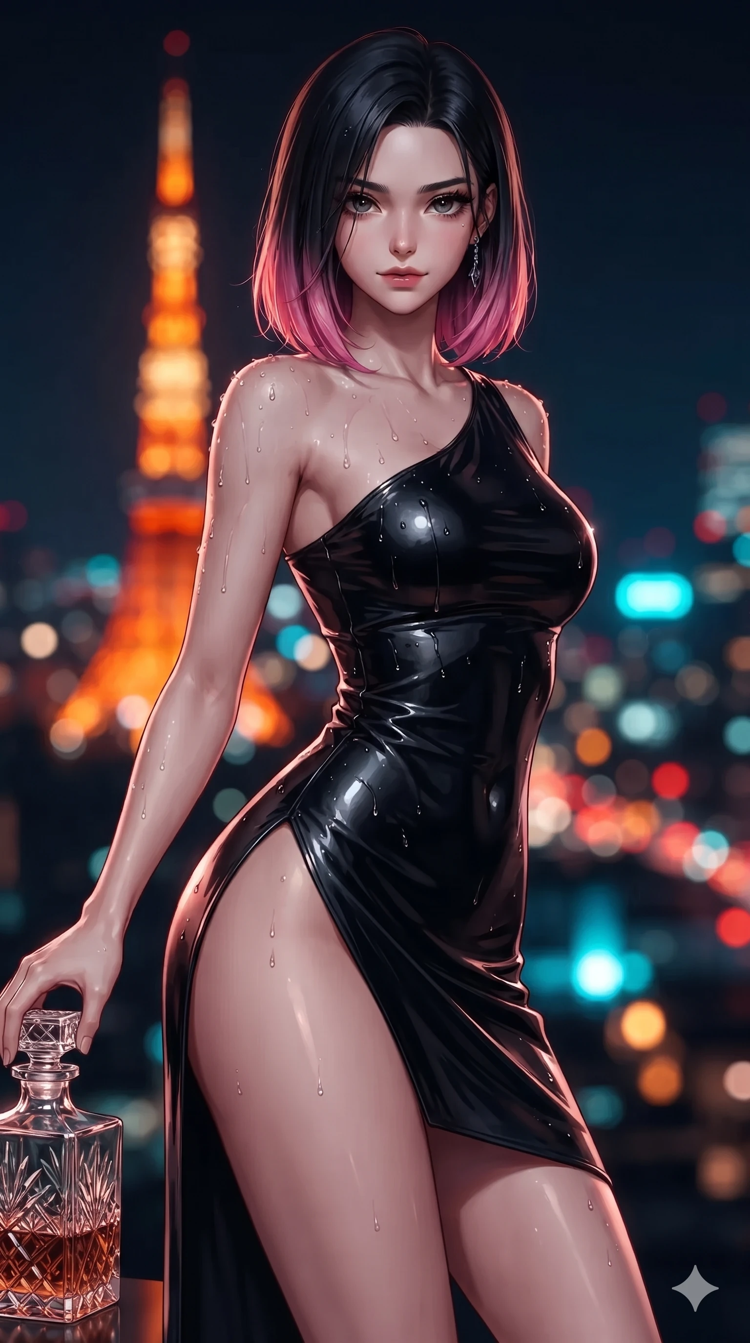 score_9, masterpiece, best quality, ultra-detailed, high-budget anime keyframe, editorial fashion photography, tasteful artistic composition, Korean woman. close-up cowboy shot from the waist and thighs up, the character dominates the composition, filling the frame with her large presence. twisting her slender torso in an alluring S-curve while reaching for a vintage crystal decanter, her dark tailored fit highlighting her hourglass curves while twisting her slender torso in an alluring contrapposto stance, night breezes fluttering her gown and tracing her narrow waist and curvy hips. The background shows a soft-focus the fiery orange beacon of Tokyo Tower and dense megalopolis sea of lights blurred into brilliant scarlet, amber, and electric cyan bokeh. She has an exceptionally elegant, slender, and willowy female figure with an ultra-slim waist, flat toned midriff, narrow ribcage, and sculpted feminine hips creating an alluring, slim hourglass silhouette without bulk. sharp v-shaped jawline, high-bridge nose, intricate jewel-like dark sparkling eyes with dangerous depth, thick curled eyelashes, glossy parted lips with a rich wine sheen, smoldering seductive half-smile with bedroom-eyes, exuding effortless superiority and intoxicating dark allure, flawlessly proportioned anatomical accuracy, strict slender model proportions, natural body alignment, perfectly sculpted long slender limbs, ultra-slim waistline, clean dynamic posture without body distortion. wearing an asymmetric one-shoulder metallic patent leather mini dress with a dramatic side slit hugging her hips in pure obsidian monochrome with subtle metallic sheen, made of fluid liquid jersey with seamless sculpting hold and smooth contours, finished with glistening rain droplets beading across her sculpted shoulders and flat midriff, the glove-like silhouette tightly following the natural contour of her hips and long slender legs with youthful 8.5-heads elegance. illuminated by terrace accent uplights and sharp rose-gold rim lights sculpting her razor-sharp jawline, narrow waist, and curvy hips. ultra-reflective glossy finish, specular highlights, rich textural contrasts, high-contrast stereoscopic depth, volumetric dynamic lighting, 2k, ultra detail, master piece, 9:16 ratio