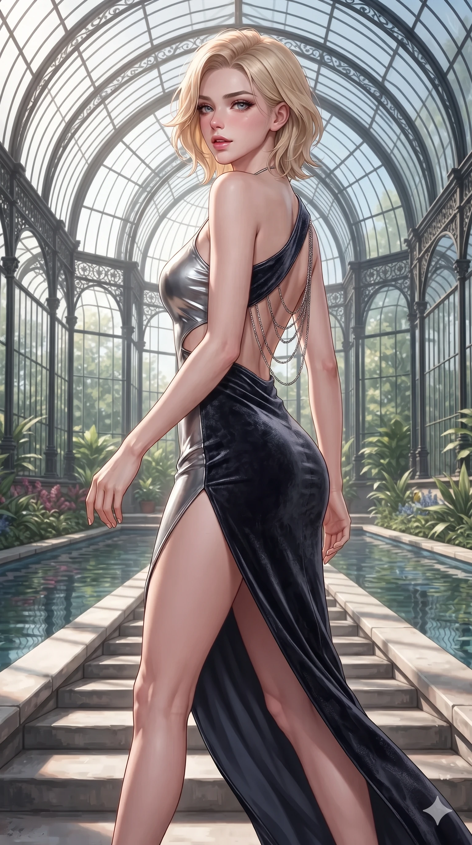score_9, masterpiece, best quality, ultra-detailed, high-budget anime keyframe, editorial fashion photography, tasteful artistic composition, Caucasian woman. close-up cowboy shot from the waist and thighs up, the character dominates the composition, filling the frame with her large presence. posing in an alluring rear three-quarter angle, looking over a bare shoulder with parted glossy lips, her hips cocked back to highlight her slim hourglass curve while walking slowly down the bridge steps with feline poise, her long slender legs and curvy hourglass hips commanding the grand water conservatory. The surrounding environment is rendered in vivid detail and crisp panoramic clarity: detailed gold sequin wrap skirt cling, plunging halter sports top, and imperial greenhouse craft in razor-sharp precision. She has an exceptionally elegant, slender, and willowy female figure with an ultra-slim waist, flat toned midriff, narrow ribcage, and sculpted feminine hips creating an alluring, slim hourglass silhouette without bulk. sharp v-shaped jawline, high-bridge nose, sparkling eyes with hypnotic seductive depth, thick curled eyelashes, glossy parted lips with a natural dewy peach sheen, alluring bedroom-eyes with an enchanting coquettish smile, exuding magnetic siren charisma and sophisticated glamour, flawlessly proportioned anatomical accuracy, strict slender model proportions, natural body alignment, perfectly sculpted long slender limbs, ultra-slim waistline, clean dynamic posture without body distortion. wearing an asymmetric one-shoulder liquid jersey nymph dress with dramatic hip-high slit and waist cutout in molten liquid platinum and midnight charcoal with sapphire reflections, tailored from crushed dark velvet with deep light-absorbing plush texture, accented with an open-back drape framed by falling strands of delicate chrome chains, the impeccably tailored cut draping gracefully along her slender figure with aristocratic botanical poise. bathed in glorious, crystal-clear morning sun pouring through curved glass roofs onto reflecting canals. ultra-reflective glossy finish, specular highlights, rich textural contrasts, high-contrast stereoscopic depth, volumetric dynamic lighting, 2k, ultra detail, master piece, 9:16 ratio