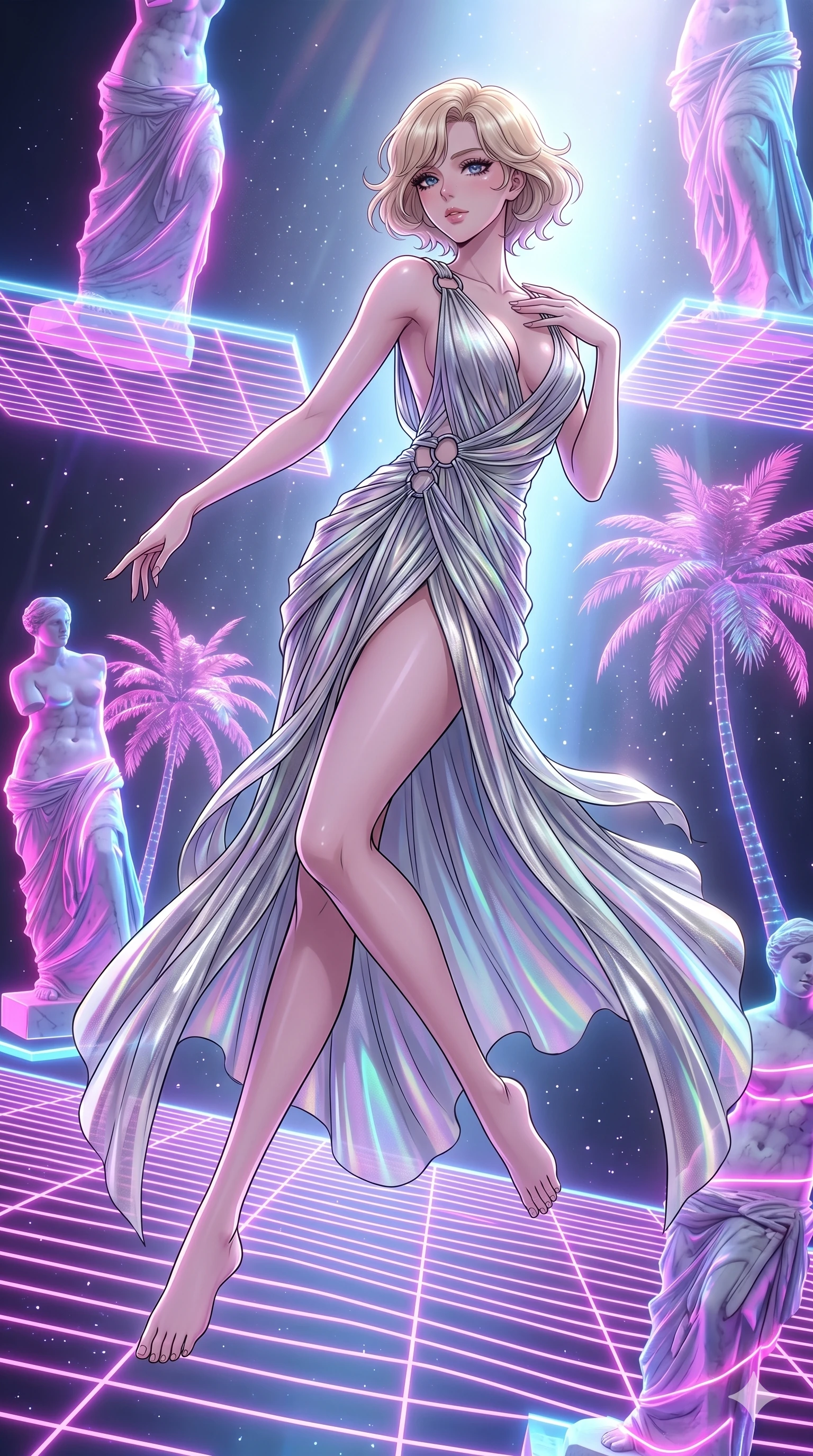 score_9, masterpiece, best quality, ultra-detailed, high-budget anime keyframe, Korean woman. low angle full-body shot filling the entire 9:16 frame with her statuesque presence, stretching the vertical silhouette. drifting through a holographic vaporwave oasis with floating grid floors, lo-fi marble statues, and glowing pink palms. She has an absolutely perfect 8-heads proportion, an exceptionally tall and slender female figure with impossibly long slender legs and an ultra-slim waist. V-shaped jawline, high-bridge nose, intricate jewel-like eyes with depth, thick eyelashes, glossy lips with a natural sheen.. wearing a draped Grecian cyber-gown, featuring draped silver metallic chiffon held by metal ring hardware, displaying a high-leg line. illuminated by dramatic chiaroscuro casting soft shadows along her curves, with vibrant backlighting highlighting the dust particles. 2k, ultra detail, master piece, 9:16 ratio