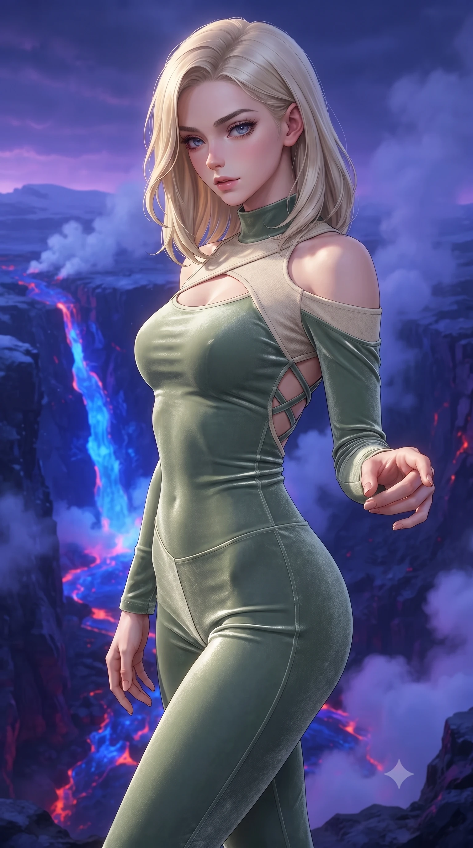 score_9, masterpiece, best quality, ultra-detailed, high-budget anime keyframe, editorial fashion photography, tasteful artistic composition, Caucasian woman. close-up cowboy shot from the waist and thighs up, the character dominates the composition, filling the frame with her large presence, background elements kept in soft focus. Reaching one hand gracefully toward the viewer with effortless superiority and allure standing beside a glacial fissure flowing with hot glowing cobalt blue magma, steam clouds rising from lava cracks reflecting deep violet and indigo. She has an exceptionally elegant, slender, and willowy female figure with an ultra-slim waist, a gracefully sculpted slender torso, and a refined silhouette. sharp v-shaped jawline, high-bridge nose, intricate jewel-like eyes with depth, thick eyelashes, glossy lips with a natural sheen. wearing a form-fitting ribbed activewear set with collar cutouts in sage green and oatmeal, made of premium stretch velvet with a rich sheen, complemented by criss-cross back straps highlighting her bare shoulders, the elegant draped fit framing her graceful clavicle and slender torso. surrounded by an extraordinary elemental clash radiance. ultra-reflective glossy finish, specular highlights, metallic sheen, high-contrast stereoscopic depth, volumetric dynamic lighting, 2k, ultra detail, master piece, 9:16 ratio