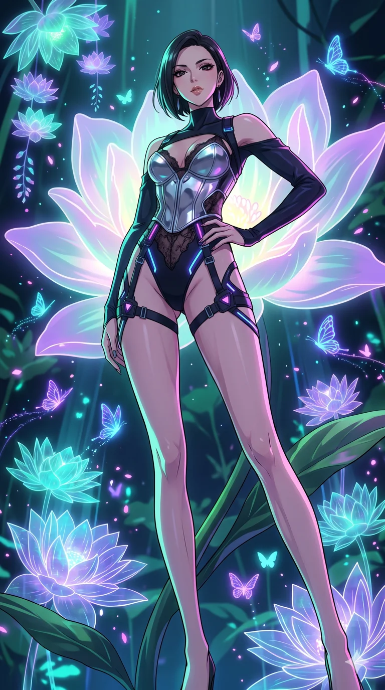 score_9, masterpiece, best quality, ultra-detailed, High-budget Anime Keyframe, vibrant colors, fluid line-art, expressive lighting, cinematic composition, Ufotable-style visual effects, top-tier animation quality, Japanese woman with delicate and elegant anime-inspired features. Dynamic full-body shot stretching the vertical silhouette, capturing her from a powerful low-angle perspective. Resting against a giant glowing flower that emits a soft, pulse-like light. She has an absolutely perfect 8-heads proportion, an exceptionally tall and slender female figure with impossibly long slender legs and an ultra-slim waist, her statuesque height and towering silhouette dominating the vertical 9:16 frame. Her face is a masterpiece featuring a sharp v-shaped jawline, high-bridge nose, intricate jewel-like eyes with depth, thick eyelashes, and glossy lips with a natural sheen. She is wearing a Asymmetrical high-cut tech-bodysuit with detached sleeves, chrome-plated corset over sheer lace, and neon-lit tactical gear with suggestive cutouts.. The scene is set in a digital garden filled with holographic lotus flowers and neon butterflies. 2k, ultra detail, master piece, 9:16 ratio