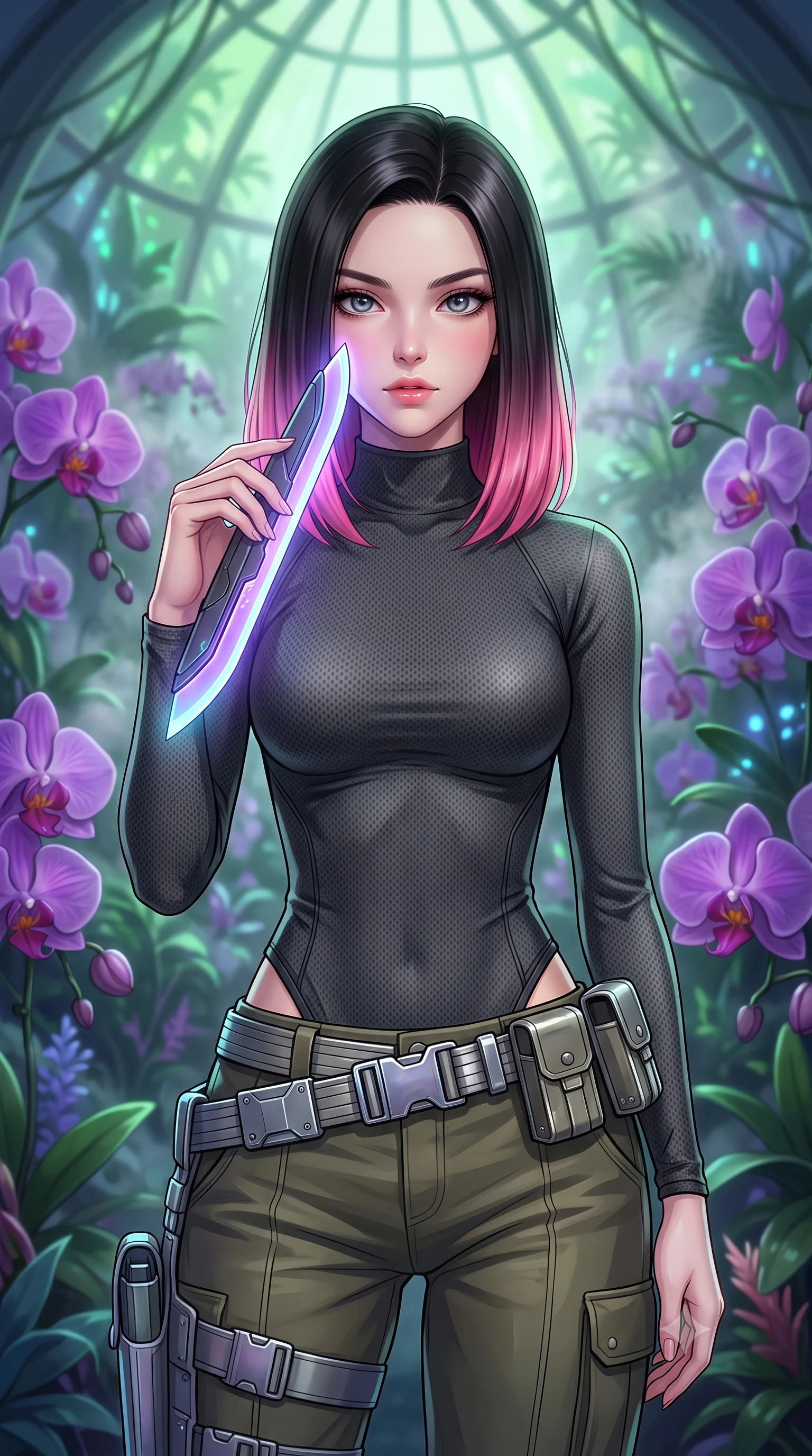 score_9, masterpiece, best quality, ultra-detailed, high-budget anime keyframe, editorial fashion photography, tasteful artistic composition, Korean woman. close-up cowboy shot from the waist and thighs up, the character dominates the composition, filling the frame with her large presence, background elements kept in soft focus. pressing the flat side of a glowing vibro-blade against her cheek, locking eyes with the viewer with bedroom-eyes, the background shows a soft-focus a botanical sanctuary dome filled with bio-engineered purple orchids and steam. She has an exceptionally elegant, slender, and willowy female figure with an ultra-slim waist, a gracefully sculpted slender torso, and a refined silhouette. sharp v-shaped jawline, high-bridge nose, intricate jewel-like eyes with depth, thick eyelashes, glossy lips with a natural sheen. wearing a form-contouring high-neck carbon-mesh tactical shirt tucked into structured combat trousers with metallic utility belts. soft green and indigo bioluminescent plant lighting casting a serene ambient glow. highly saturated vibrant anime colors, detailed shading with soft gradients, rich glossy textures, high-contrast stereoscopic depth, volumetric dynamic lighting, master piece, 9:16 ratio